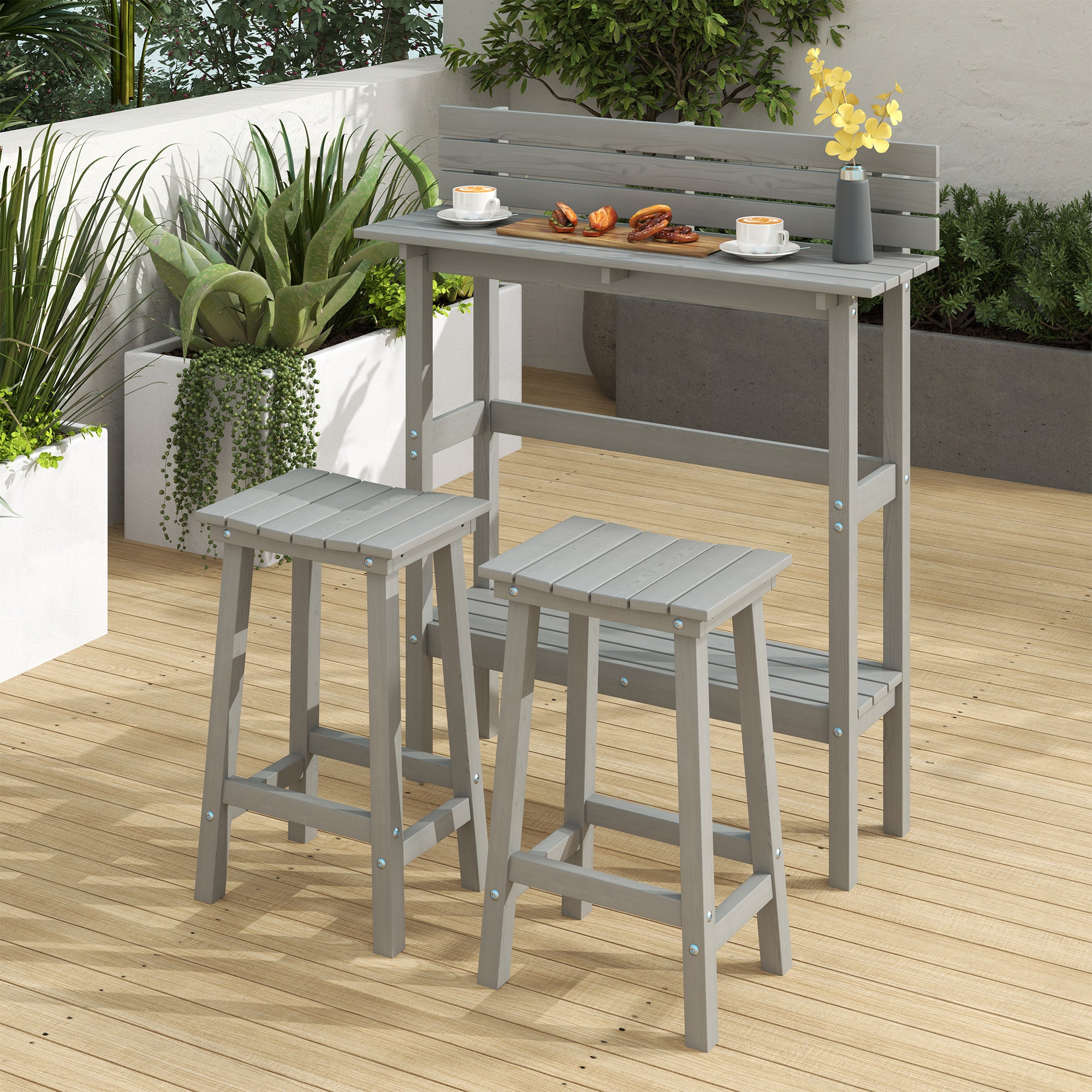 Outsunny 3 Piece Patio Bar Set Outdoor, 43" High Rectangular Bar Table and 2 Bar Stools, Farmhouse Style Bar Table and Chairs Set for Balcony, Backyard, Porch