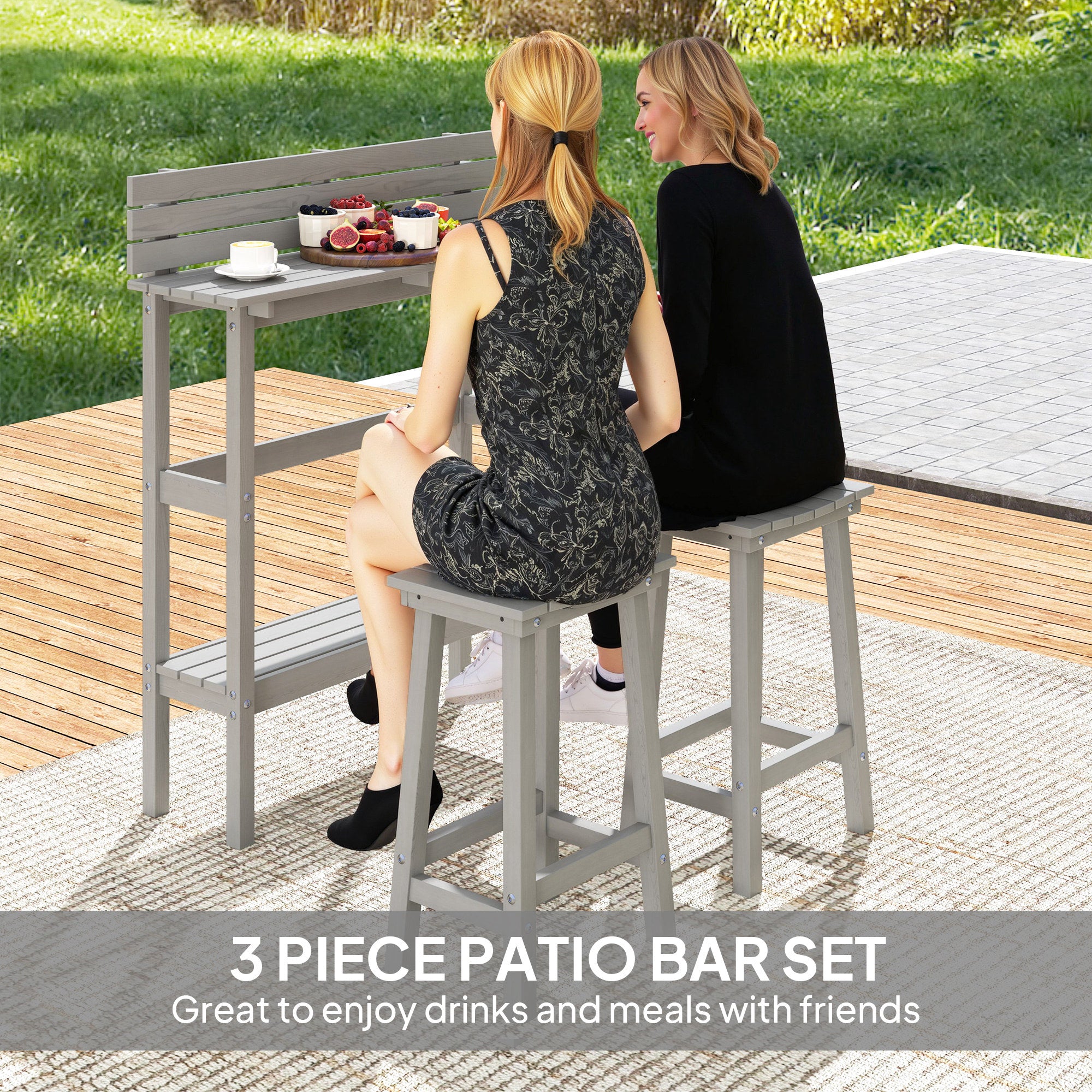 Outsunny 3 Piece Patio Bar Set Outdoor, 43" High Rectangular Bar Table and 2 Bar Stools, Farmhouse Style Bar Table and Chairs Set for Balcony, Backyard, Porch