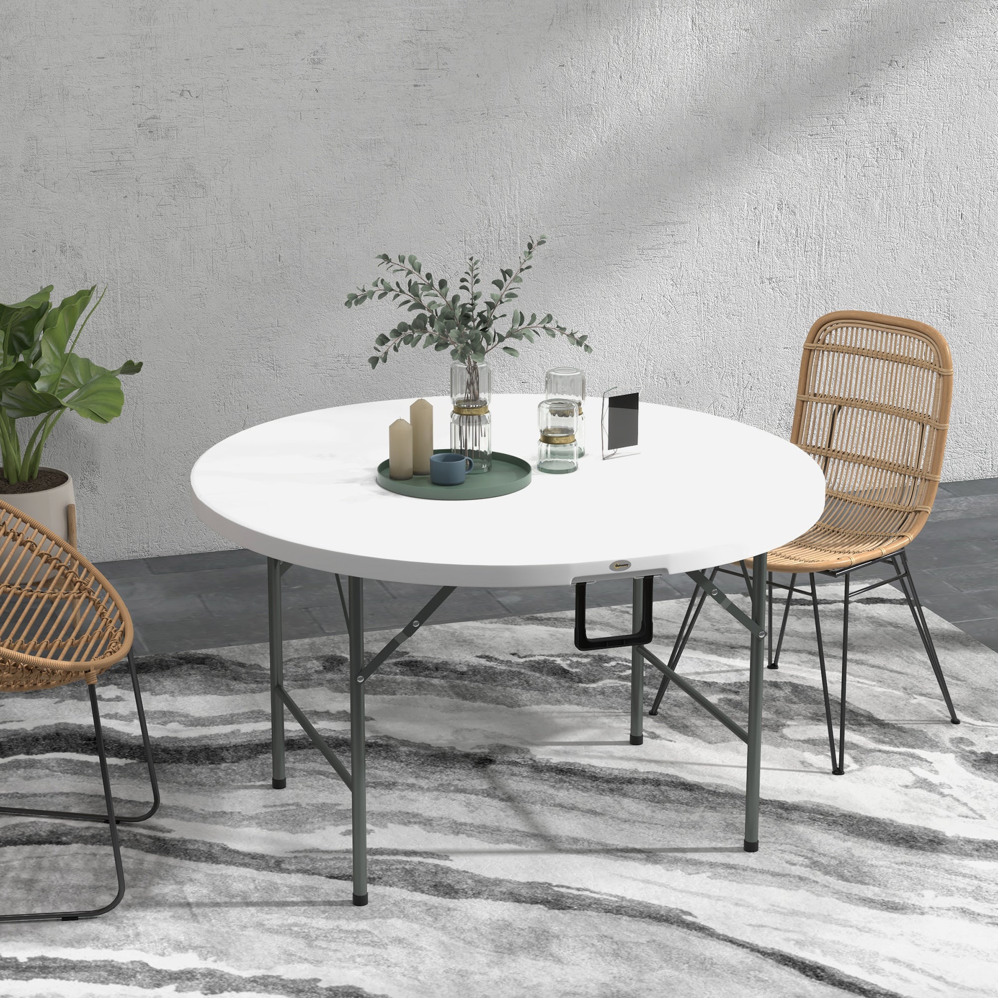 Outsunny Φ48" Folding Patio Table, Outdoor HDPE Picnic Table, Card Table for 6, Round Folding Banquet with Metal Frame, White