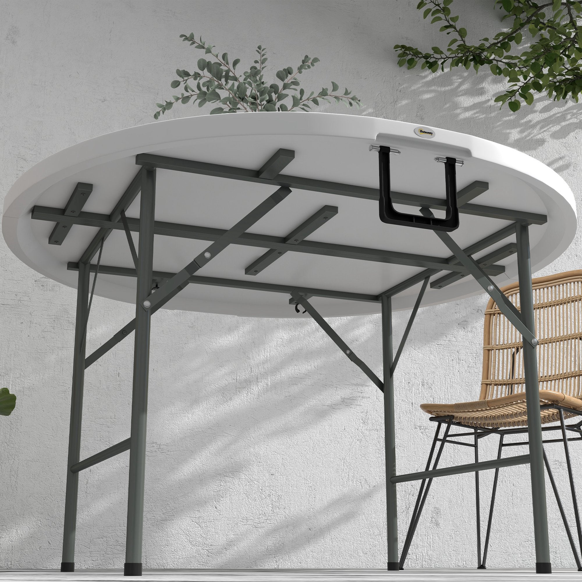 Outsunny Φ48" Folding Patio Table, Outdoor HDPE Picnic Table, Card Table for 6, Round Folding Banquet with Metal Frame, White