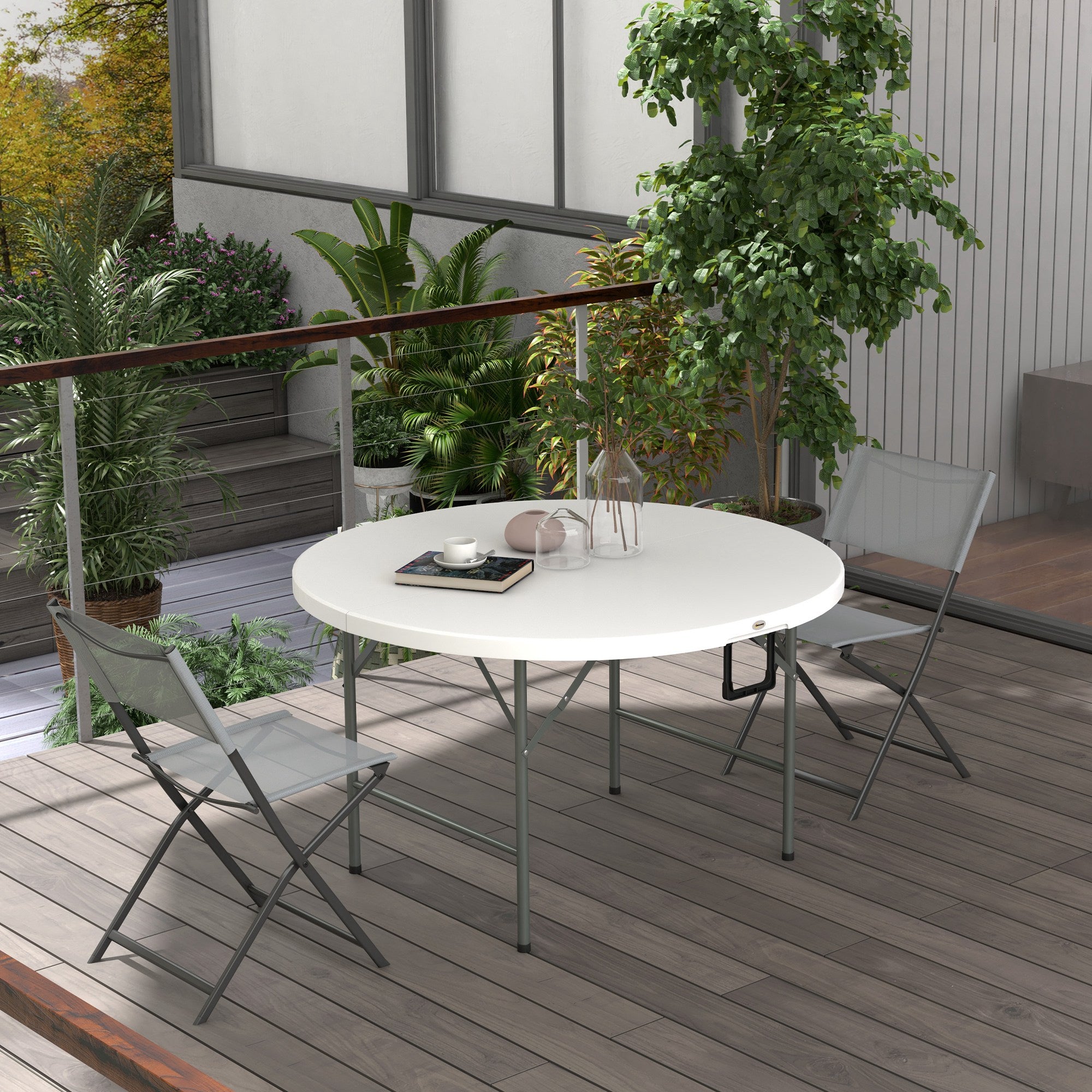 Outsunny Φ48" Folding Patio Table, Outdoor HDPE Picnic Table, Card Table for 6, Round Folding Banquet with Metal Frame, White