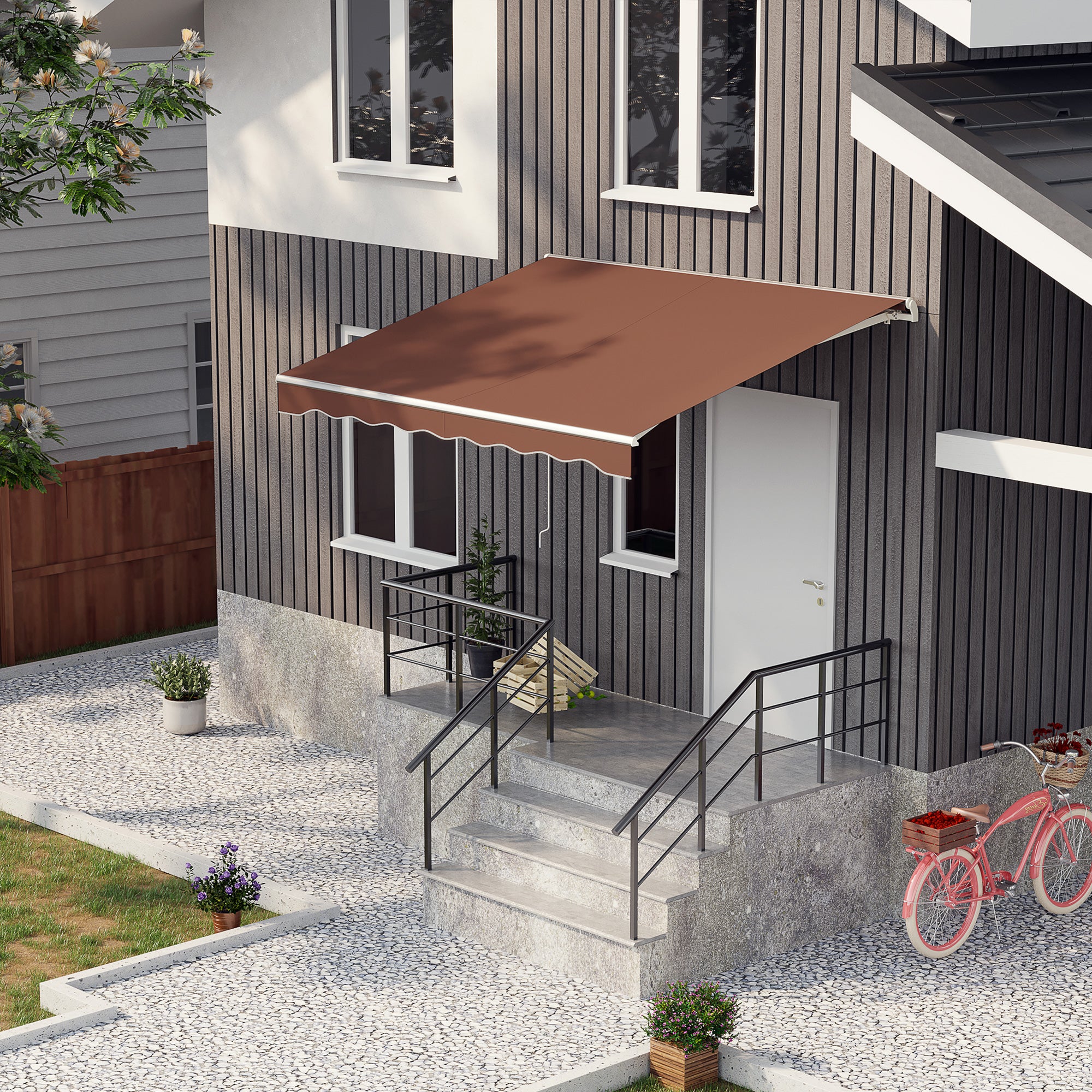 Outsunny 10' x 8' Electric Awning, Retractable Awning Sun Shade Shelter with Remote Controller, Manual Crank Handle and Aluminum Frame, for Deck, Balcony, Yard, Coffee