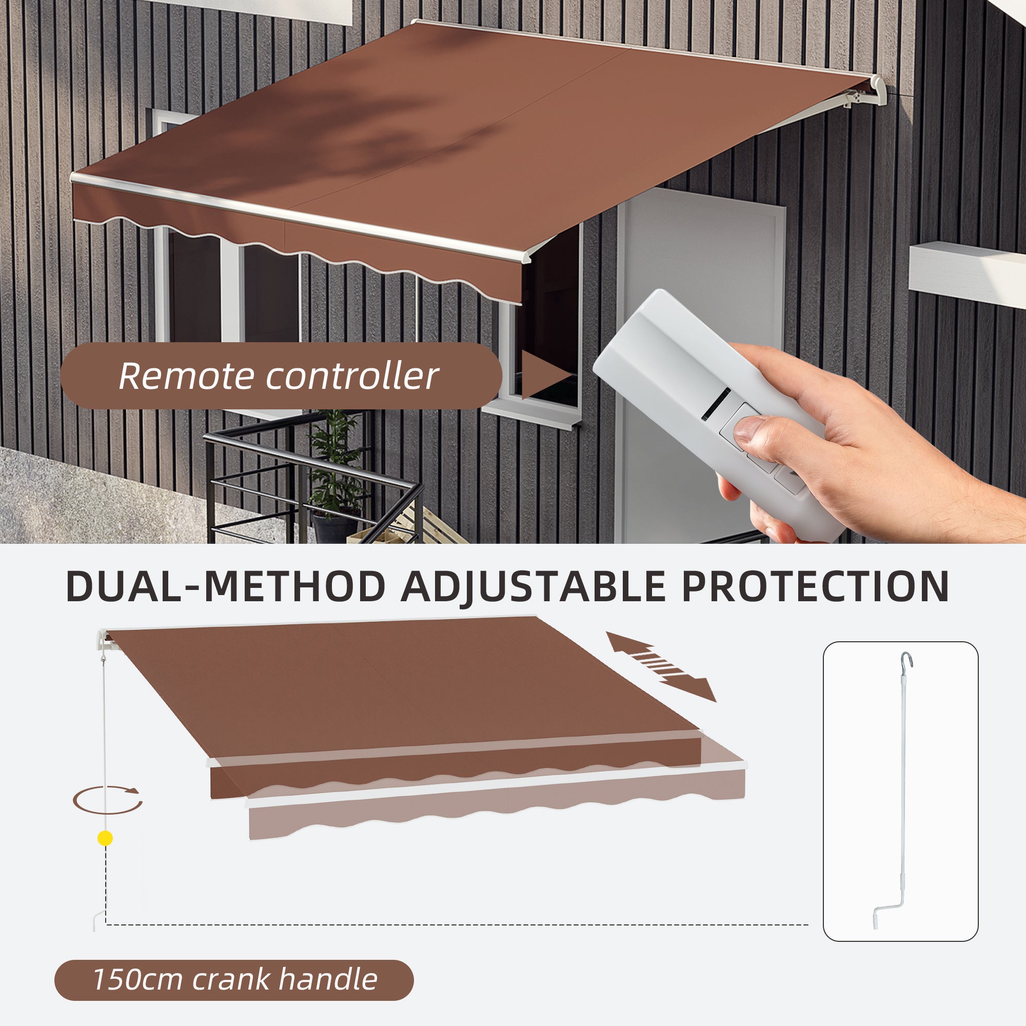 Outsunny 10' x 8' Electric Awning, Retractable Awning Sun Shade Shelter with Remote Controller, Manual Crank Handle and Aluminum Frame, for Deck, Balcony, Yard, Coffee