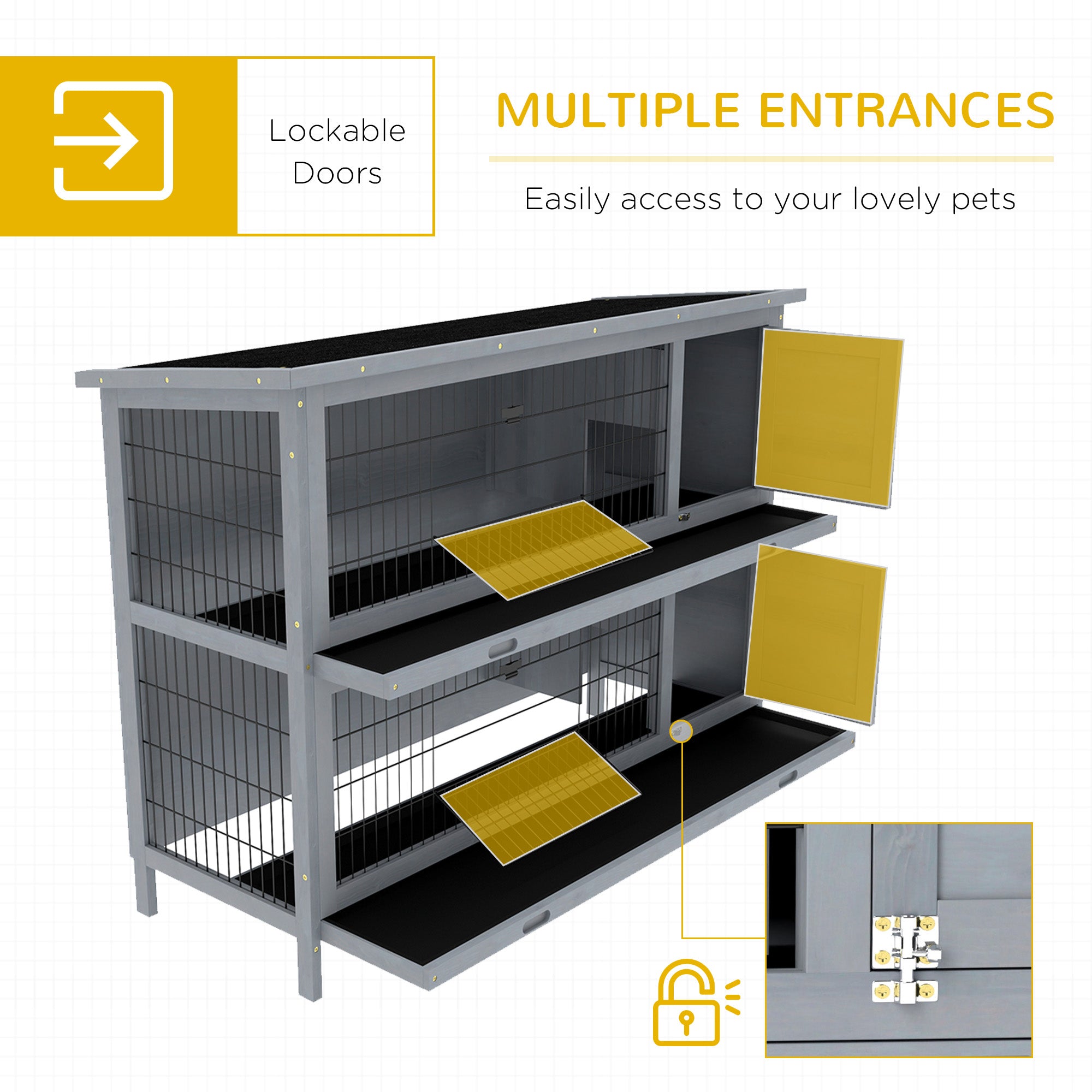 PawHut 54"L 2-Story Large Rabbit Hutch Bunny Cage Wooden Pet House Small Animal Habitat with Lockable Doors, No Leak Tray and Waterproof Roof for Outdoor/Indoor Grey