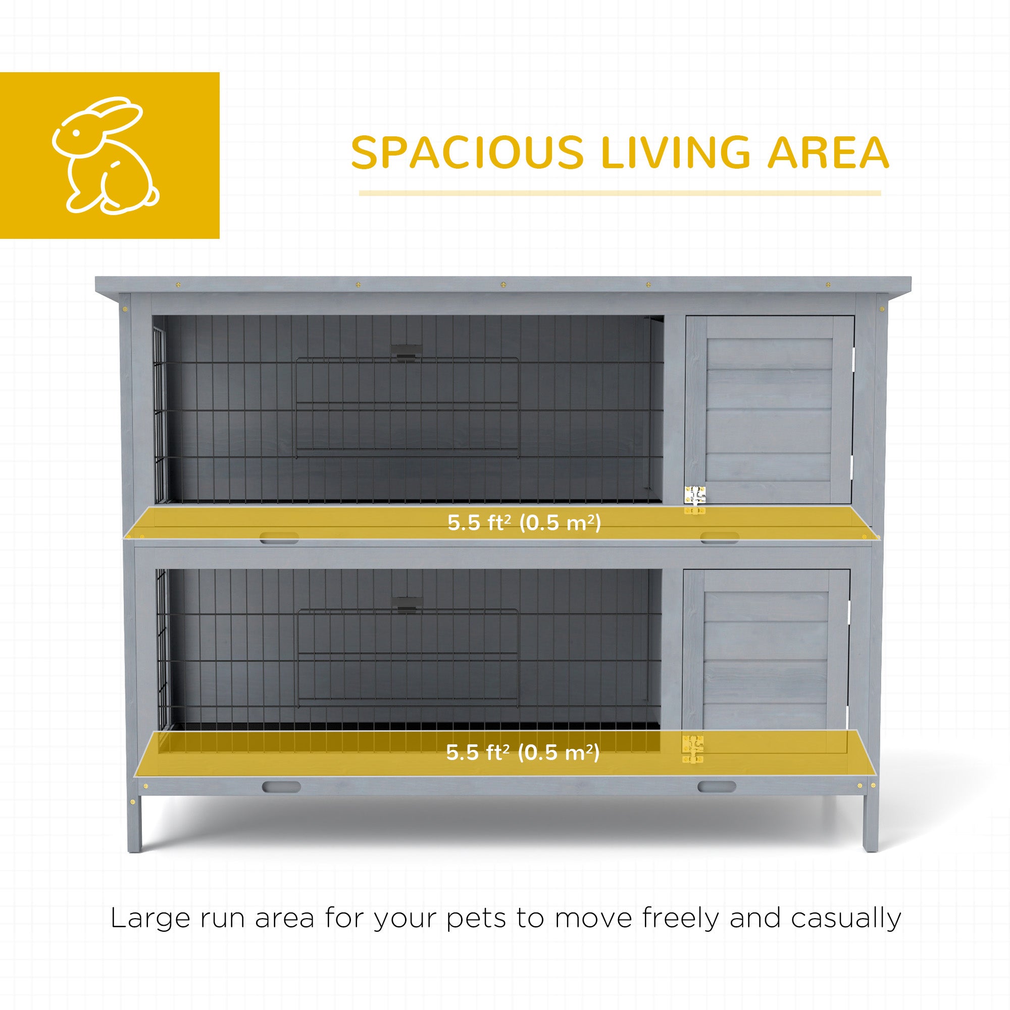 PawHut 54"L 2-Story Large Rabbit Hutch Bunny Cage Wooden Pet House Small Animal Habitat with Lockable Doors, No Leak Tray and Waterproof Roof for Outdoor/Indoor Grey
