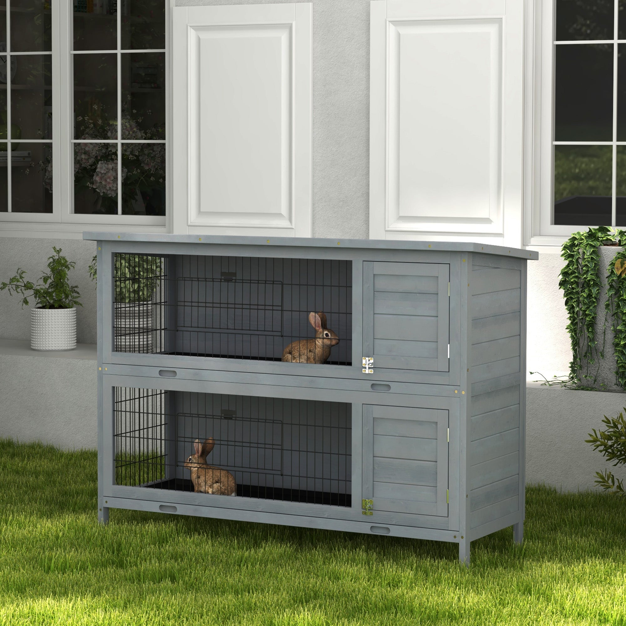PawHut Rabbit Hutch Outdoor Guinea Pig Hutch Bunny Cage with No-Leak Trays, Divider, 136 x 50 x 93cm, Grey