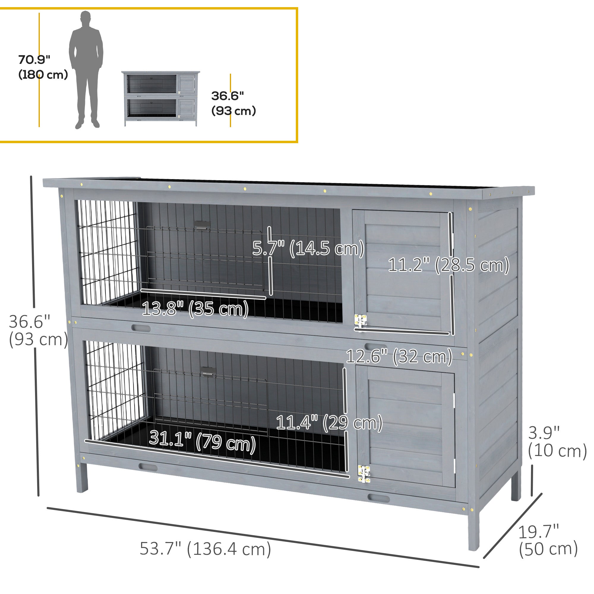 PawHut 54"L 2-Story Large Rabbit Hutch Bunny Cage Wooden Pet House Small Animal Habitat with Lockable Doors, No Leak Tray and Waterproof Roof for Outdoor/Indoor Grey