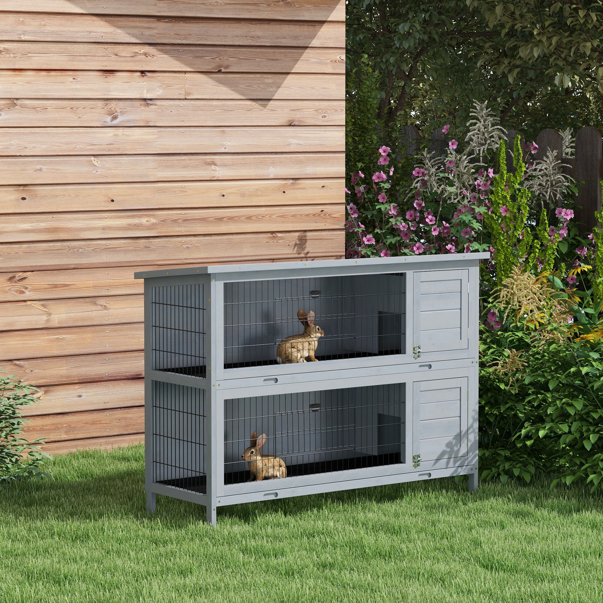 PawHut 54"L 2-Story Large Rabbit Hutch Bunny Cage Wooden Pet House Small Animal Habitat with Lockable Doors, No Leak Tray and Waterproof Roof for Outdoor/Indoor Grey