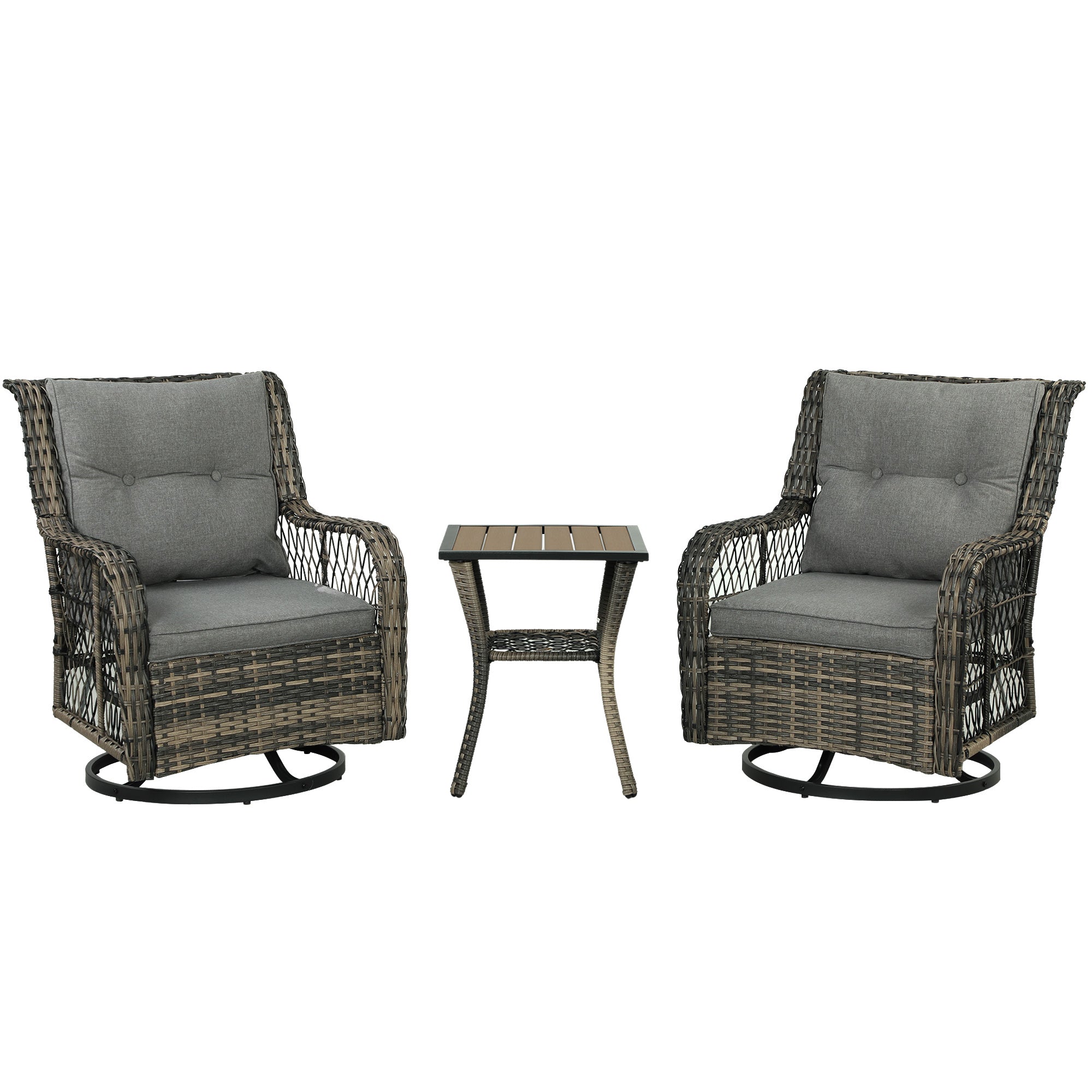 Outsunny 3 Pieces Wicker Patio Furniture Set, Rattan Bistro Set with Swivel Glider Chairs, Cushions, Bistro Table Set Outdoor Patio Conversation Set for Porch Balcony, Grey