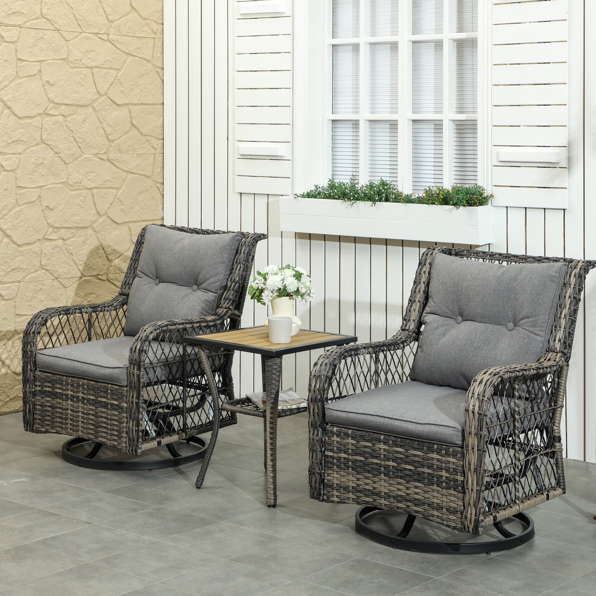Outsunny 3 Pieces Wicker Patio Furniture Set, Rattan Bistro Set with Swivel Glider Chairs, Cushions, Bistro Table Set Outdoor Patio Conversation Set for Porch Balcony, Grey
