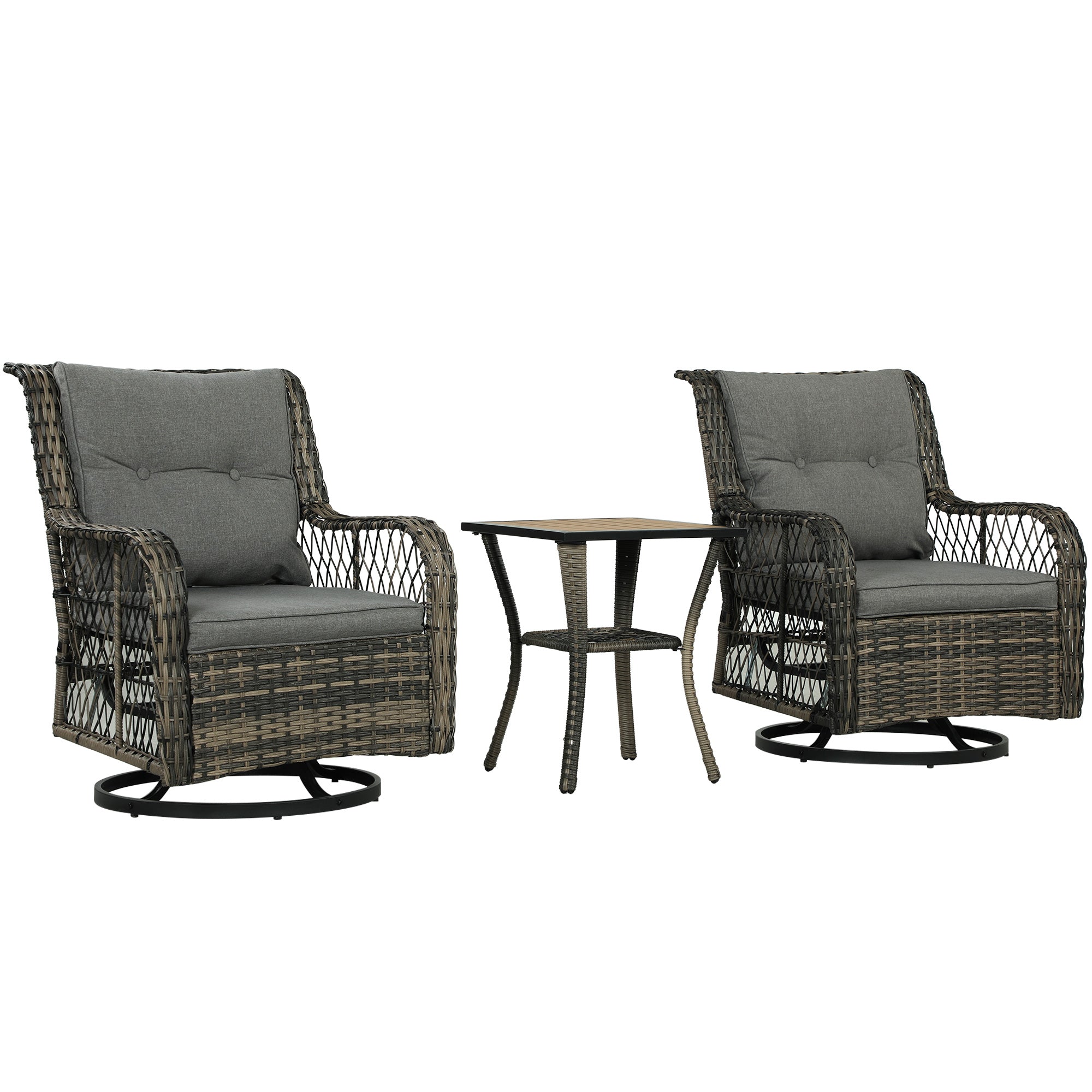 Outsunny 3 Pieces Wicker Patio Furniture Set, Rattan Bistro Set with Swivel Glider Chairs, Cushions, Bistro Table Set Outdoor Patio Conversation Set for Porch Balcony, Grey