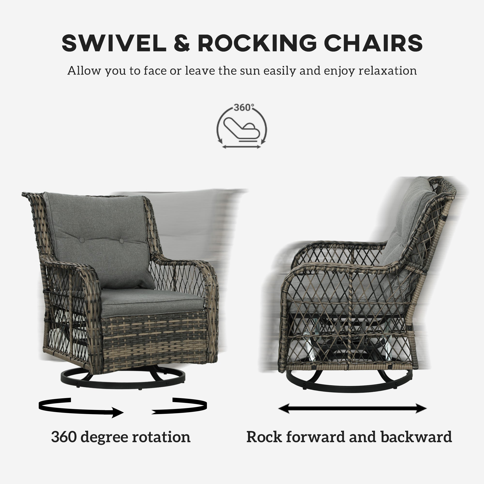 Outsunny 3 Pieces Wicker Patio Furniture Set, Rattan Bistro Set with Swivel Glider Chairs, Cushions, Bistro Table Set Outdoor Patio Conversation Set for Porch Balcony, Grey