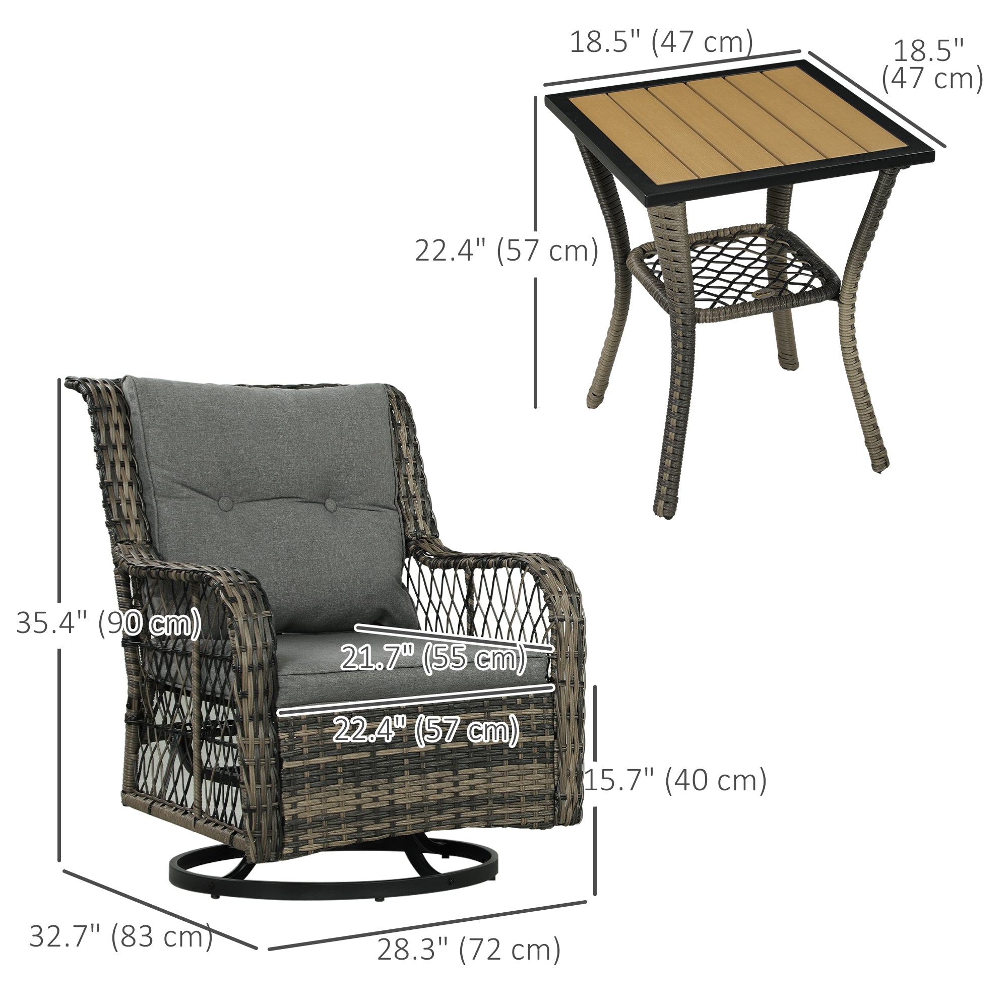 Outsunny 3 Pieces Wicker Patio Furniture Set, Rattan Bistro Set with Swivel Glider Chairs, Cushions, Bistro Table Set Outdoor Patio Conversation Set for Porch Balcony, Grey