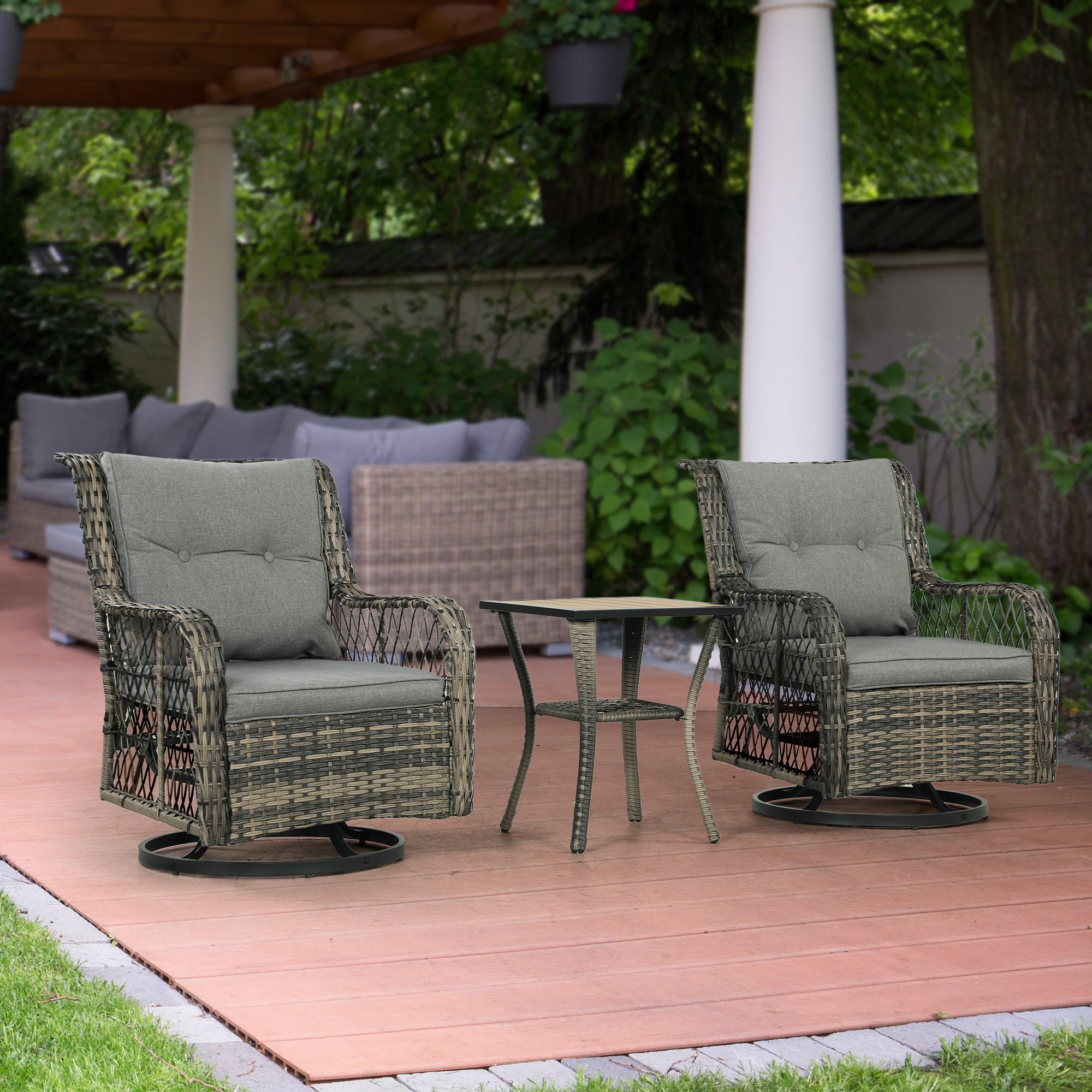 Outsunny 3 Pieces Wicker Patio Furniture Set, Rattan Bistro Set with Swivel Glider Chairs, Cushions, Bistro Table Set Outdoor Patio Conversation Set for Porch Balcony, Grey
