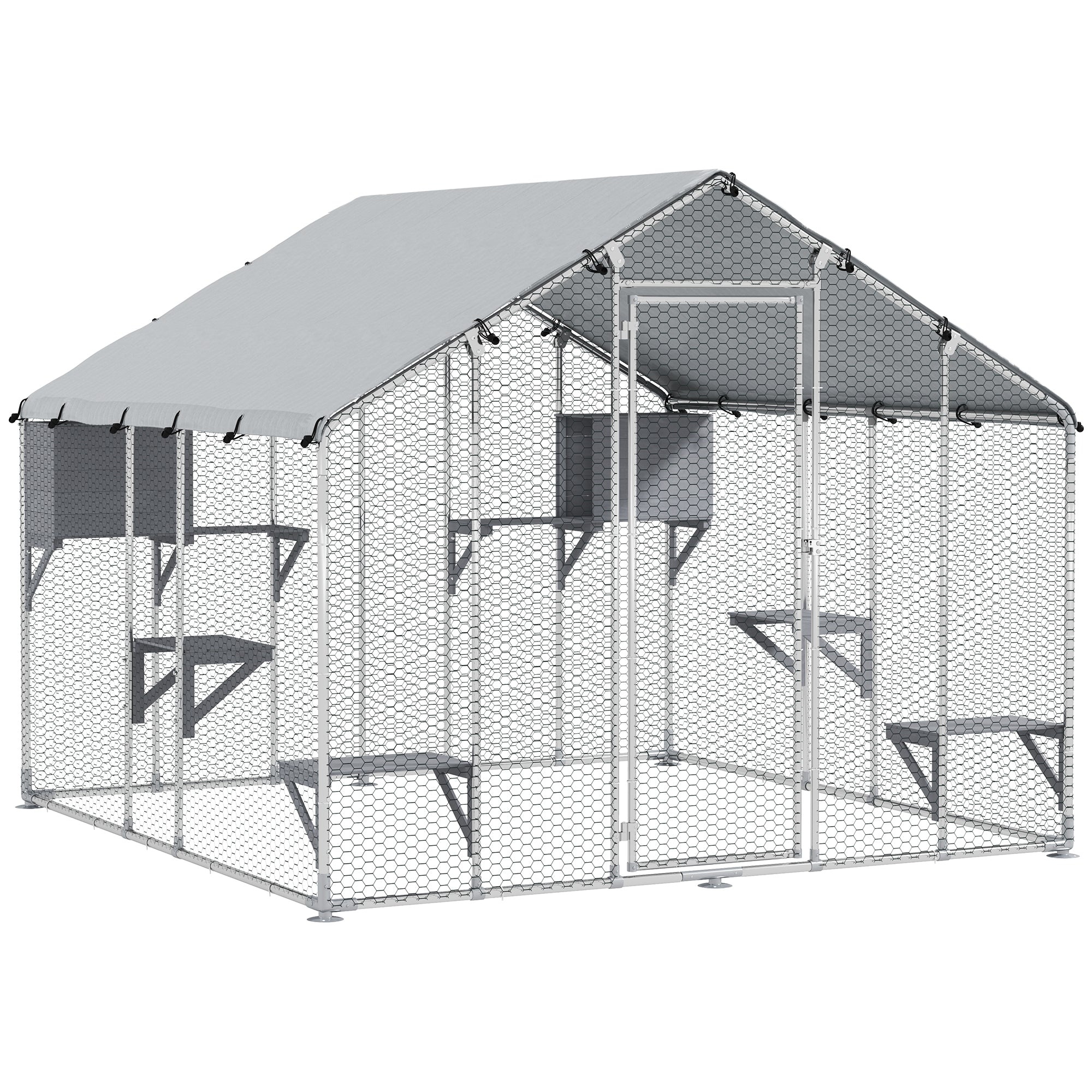 PawHut 94.5" Extra Large Catio Outdoor Cat Enclosure, Walk In Cat Cage with Waterproof Cover, 2 Resting Boxes, 7 Platforms, Metal Chicken Run Hen House Rabbit Hutch for Outside