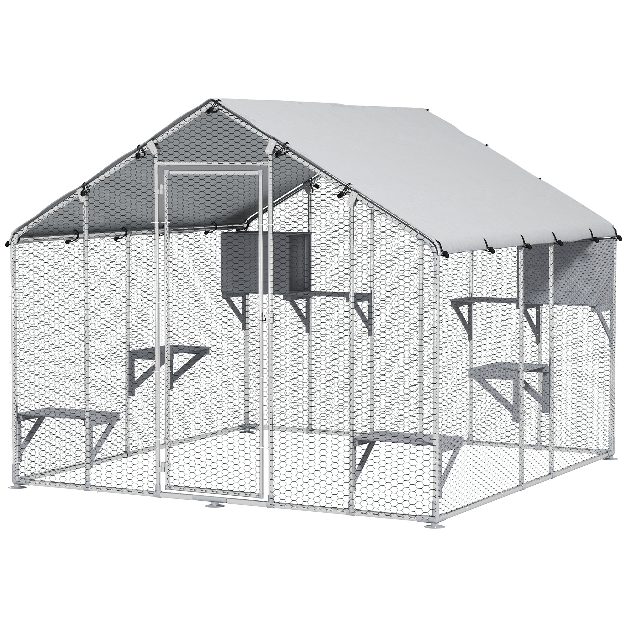 PawHut 94.5" Extra Large Catio Outdoor Cat Enclosure, Walk In Cat Cage with Waterproof Cover, 2 Resting Boxes, 7 Platforms, Metal Chicken Run Hen House Rabbit Hutch for Outside