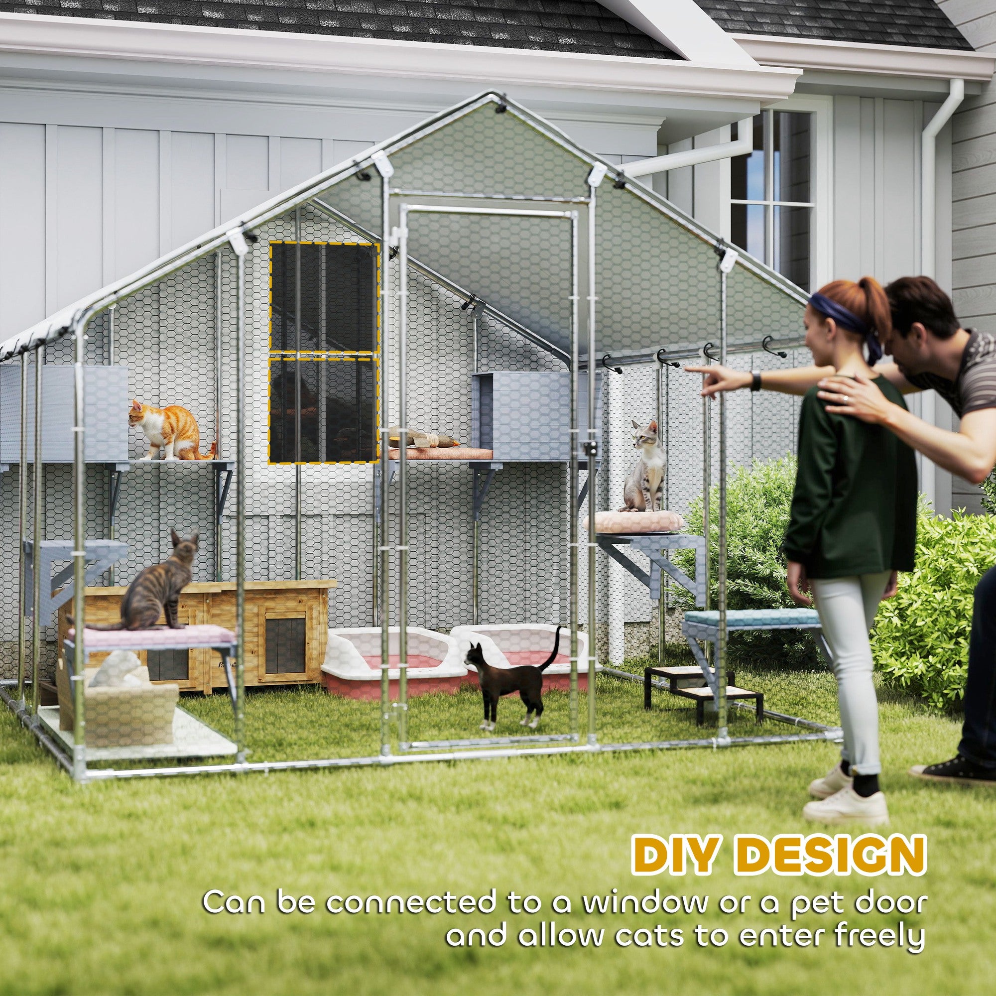 PawHut 94.5" Extra Large Catio Outdoor Cat Enclosure, Walk In Cat Cage with Waterproof Cover, 2 Resting Boxes, 7 Platforms, Metal Chicken Run Hen House Rabbit Hutch for Outside