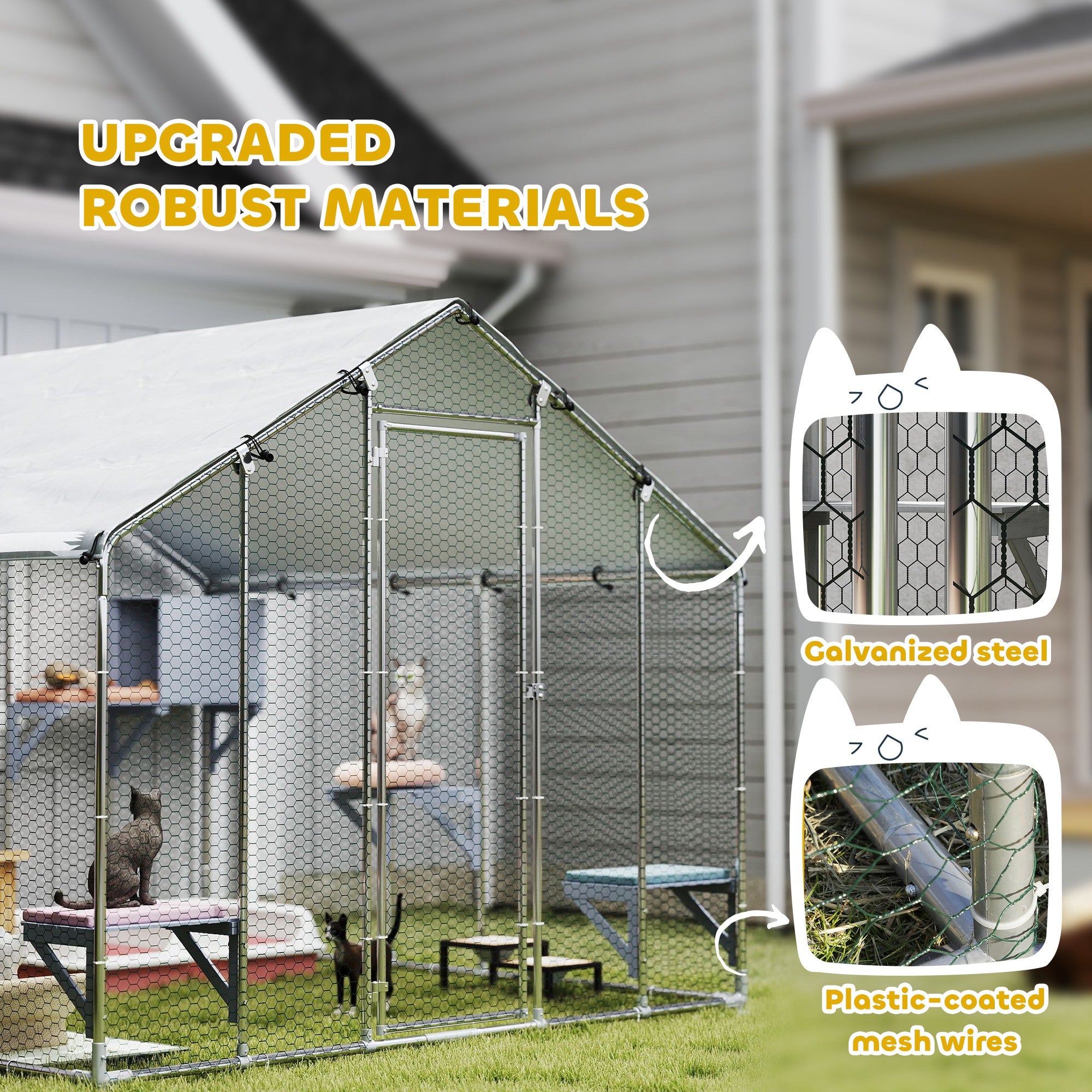 PawHut 94.5" Extra Large Catio Outdoor Cat Enclosure, Walk In Cat Cage with Waterproof Cover, 2 Resting Boxes, 7 Platforms, Metal Chicken Run Hen House Rabbit Hutch for Outside