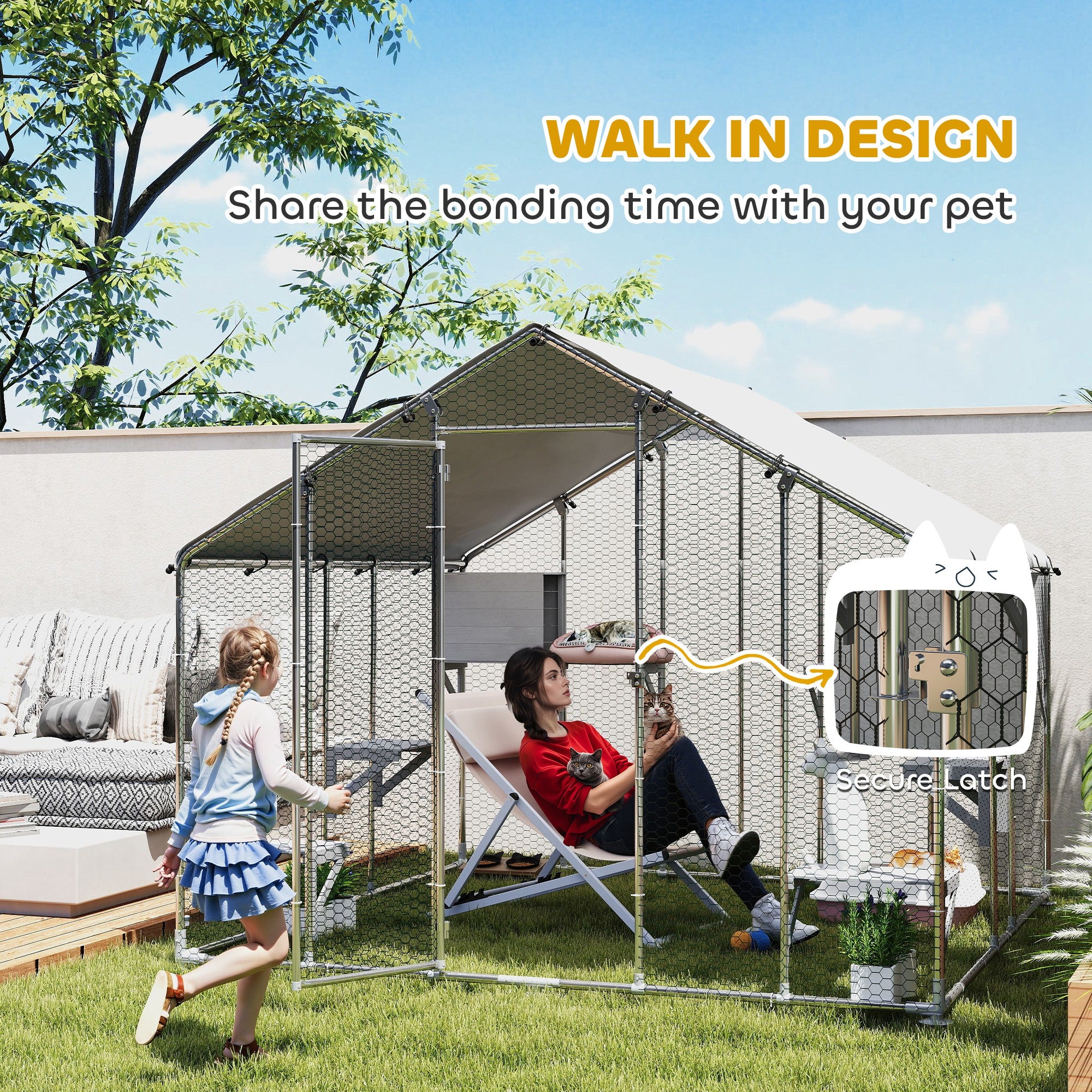 PawHut 94.5" Extra Large Catio Outdoor Cat Enclosure, Walk In Cat Cage with Waterproof Cover, 2 Resting Boxes, 7 Platforms, Metal Chicken Run Hen House Rabbit Hutch for Outside