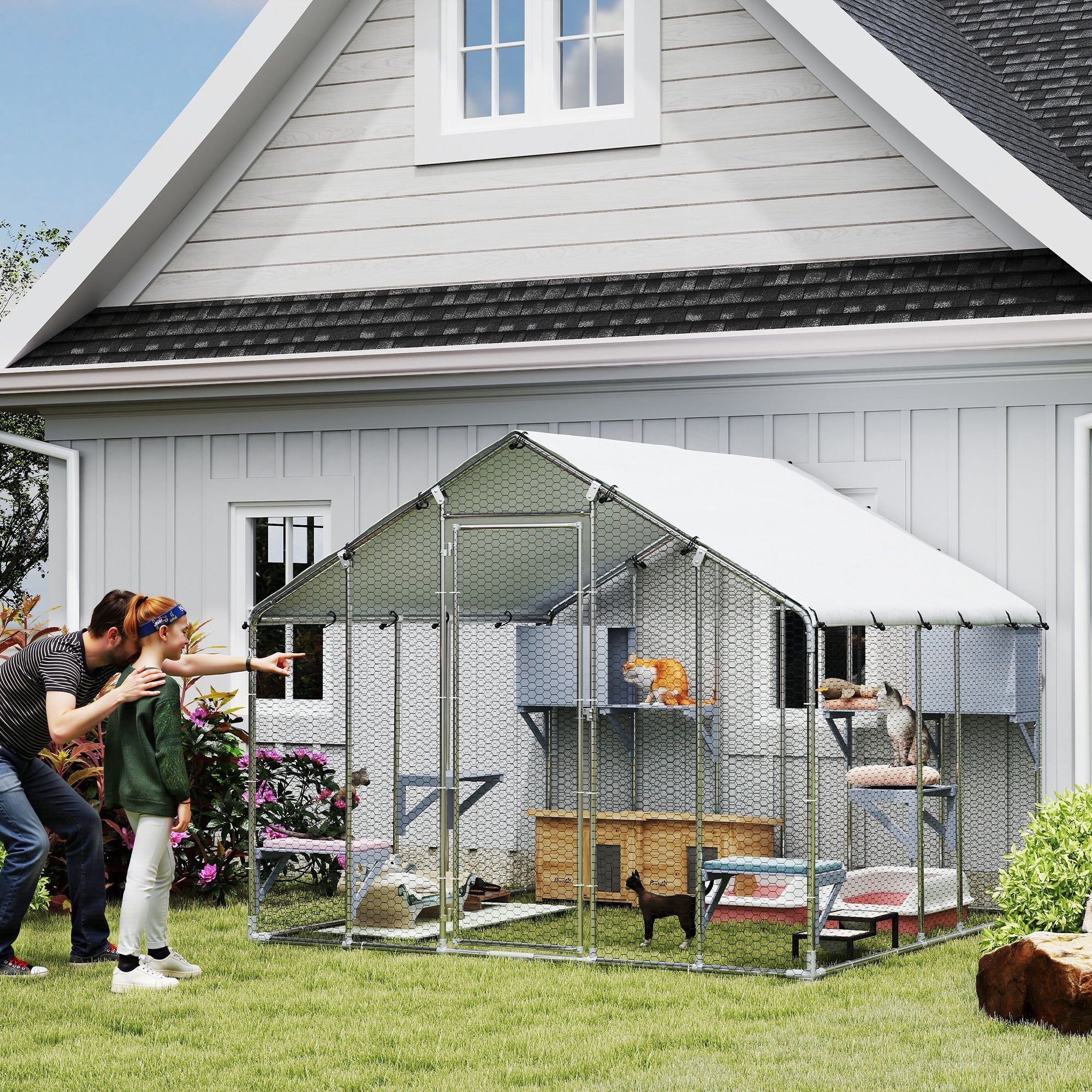 PawHut 94.5" Extra Large Catio Outdoor Cat Enclosure, Walk In Cat Cage with Waterproof Cover, 2 Resting Boxes, 7 Platforms, Metal Chicken Run Hen House Rabbit Hutch for Outside