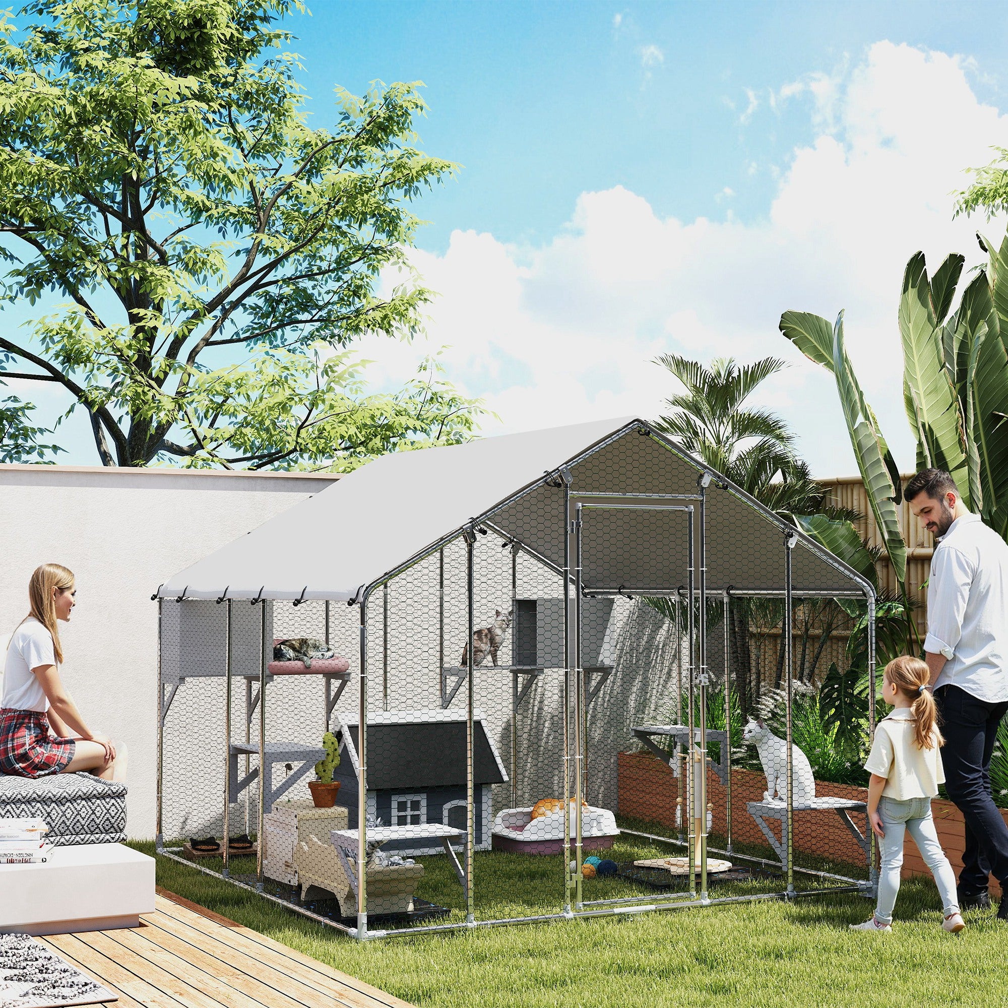 PawHut 94.5" Extra Large Catio Outdoor Cat Enclosure, Walk In Cat Cage with Waterproof Cover, 2 Resting Boxes, 7 Platforms, Metal Chicken Run Hen House Rabbit Hutch for Outside