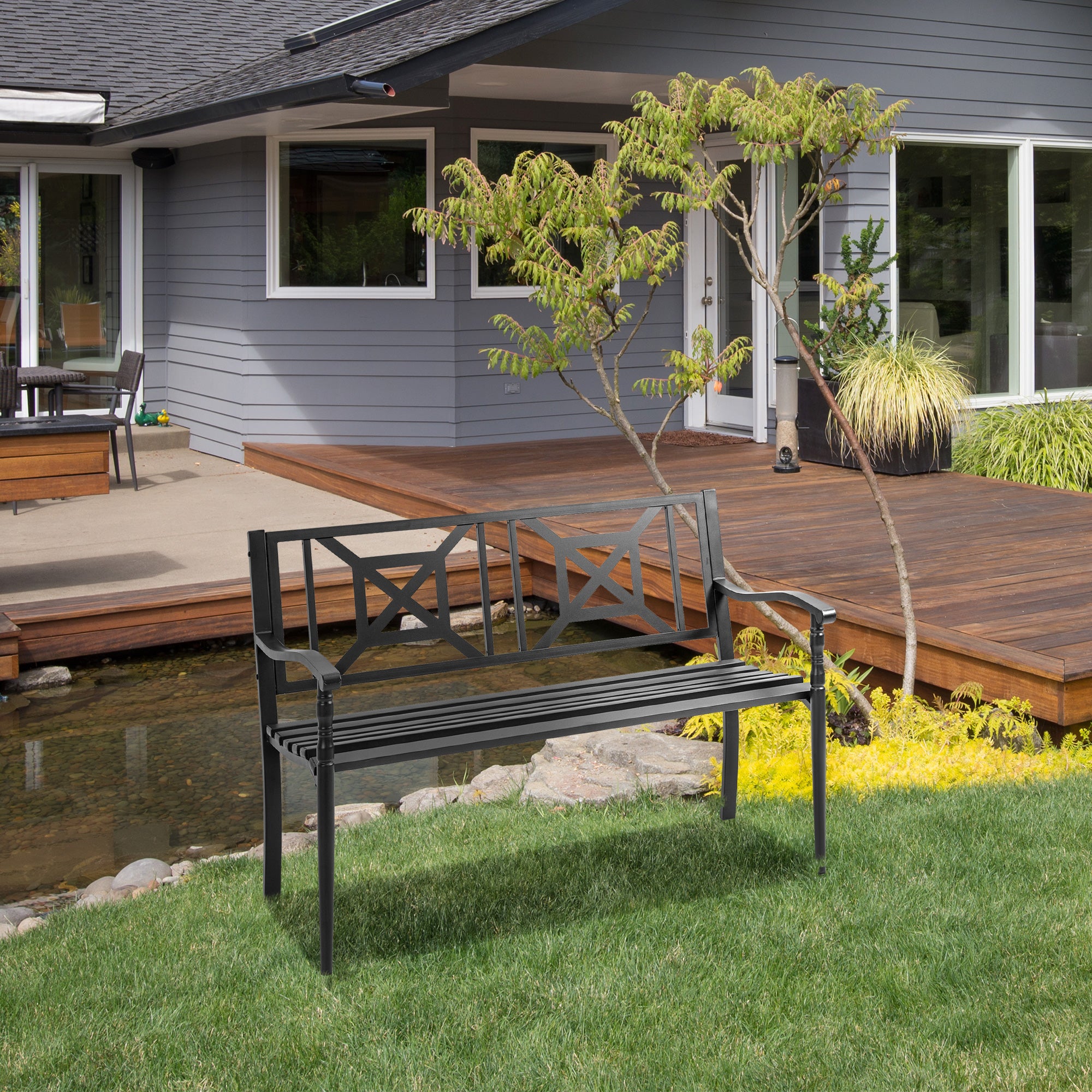 Outsunny Steel Garden Bench for Outdoor, 2-person Patio Bench, Loveseat Furniture for Lawn, Deck, Yard, Porch, Entryway, Black