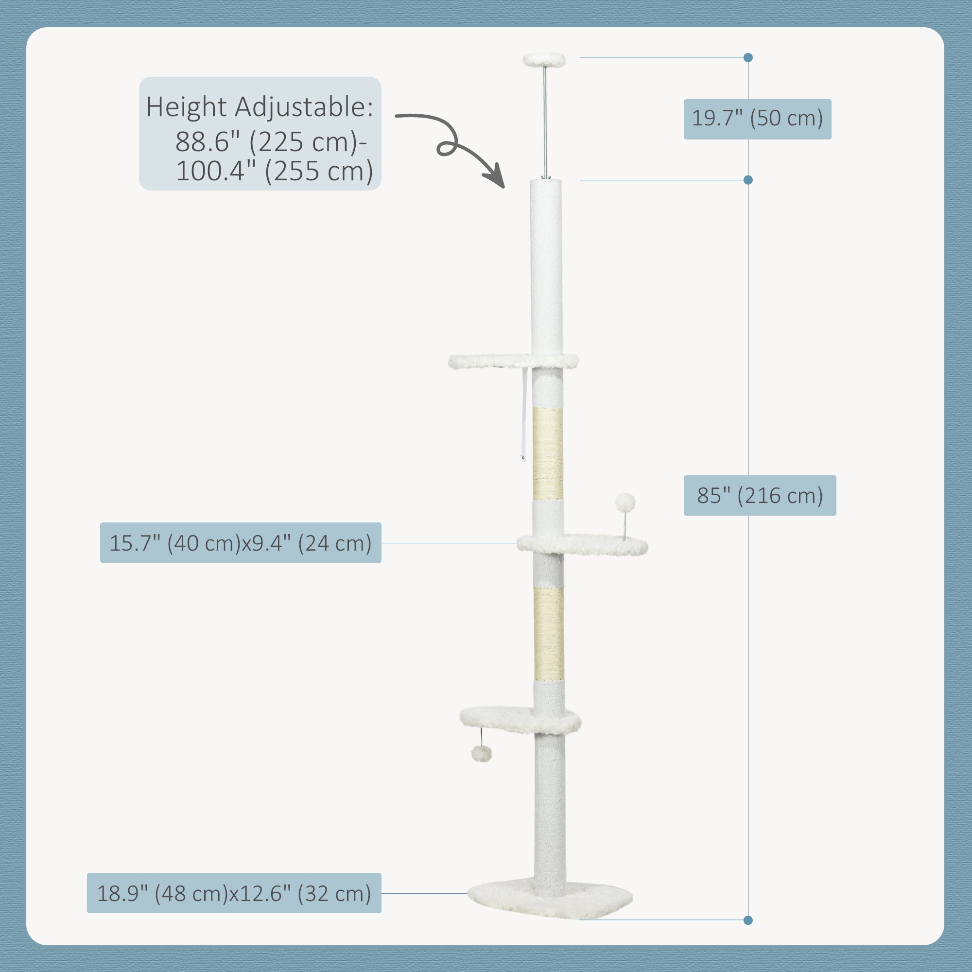 PawHut Floor to Ceiling Cat Tree with Scratching Posts, 88.5"-100.5" Adjustable Height Cat Tower with Cloud Shaped Platforms, Dangling Balls, White