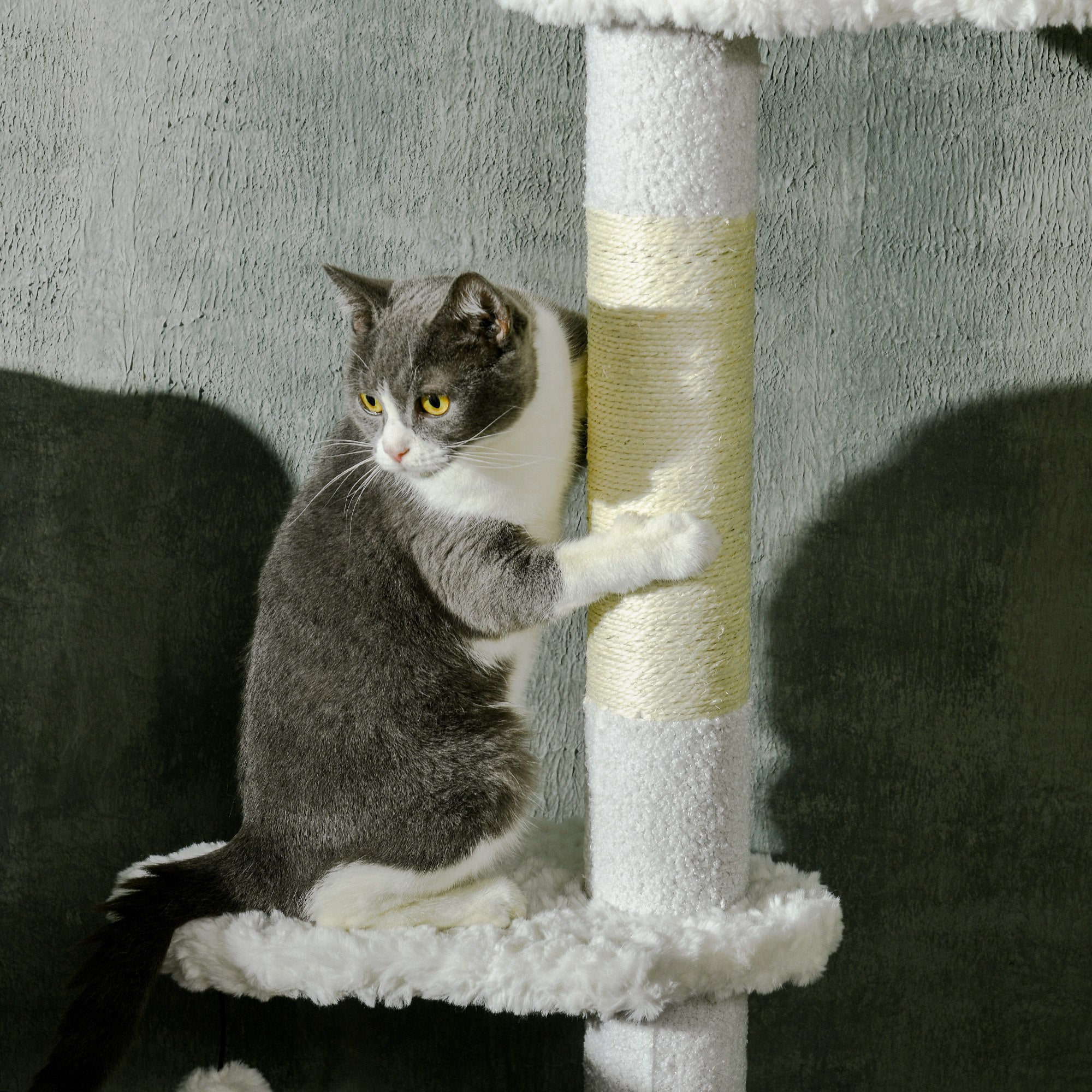 PawHut Floor to Ceiling Cat Tree with Scratching Posts, 88.5"-100.5" Adjustable Height Cat Tower with Cloud Shaped Platforms, Dangling Balls, White