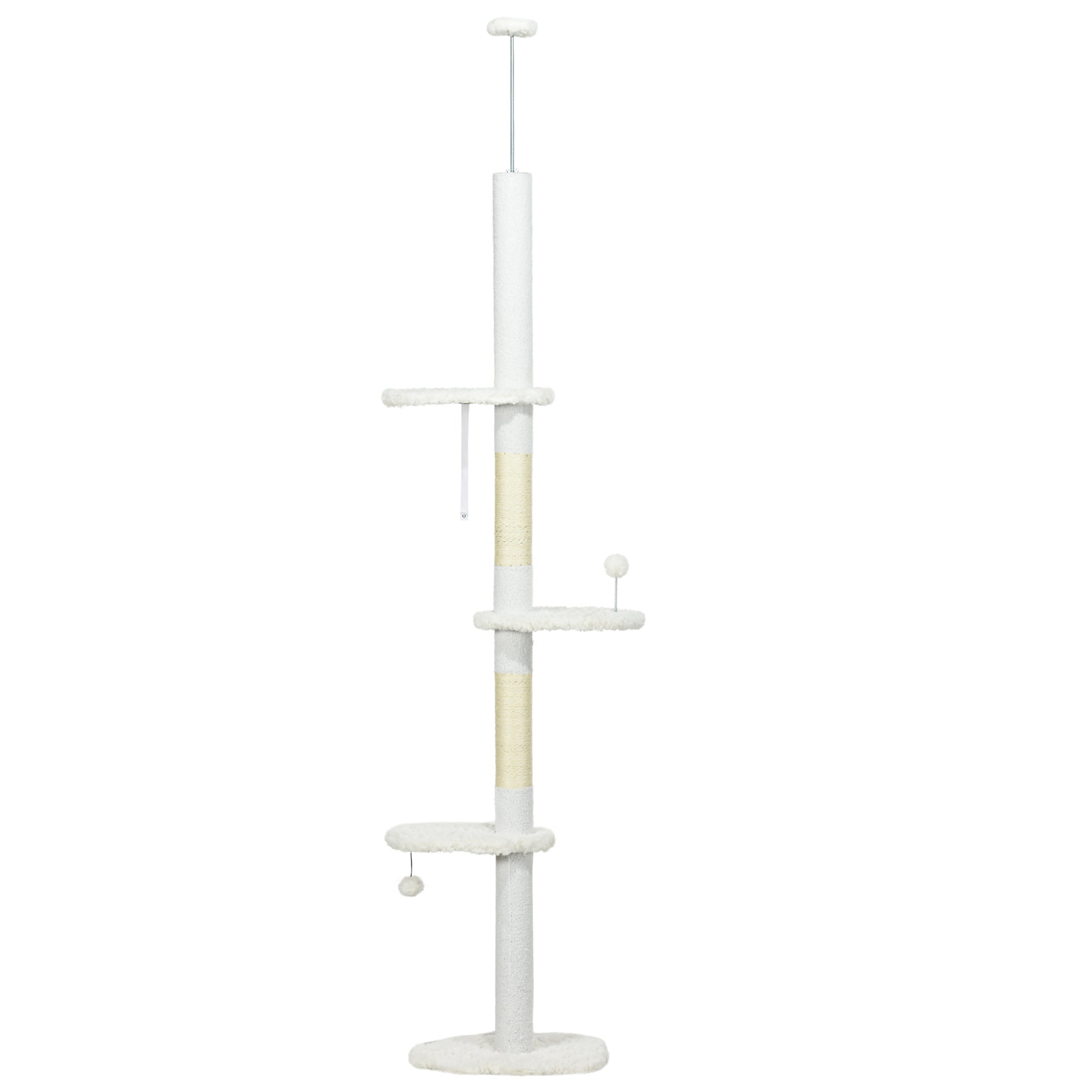 PawHut Floor to Ceiling Cat Tree with Scratching Posts, 88.5"-100.5" Adjustable Height Cat Tower with Cloud Shaped Platforms, Dangling Balls, White