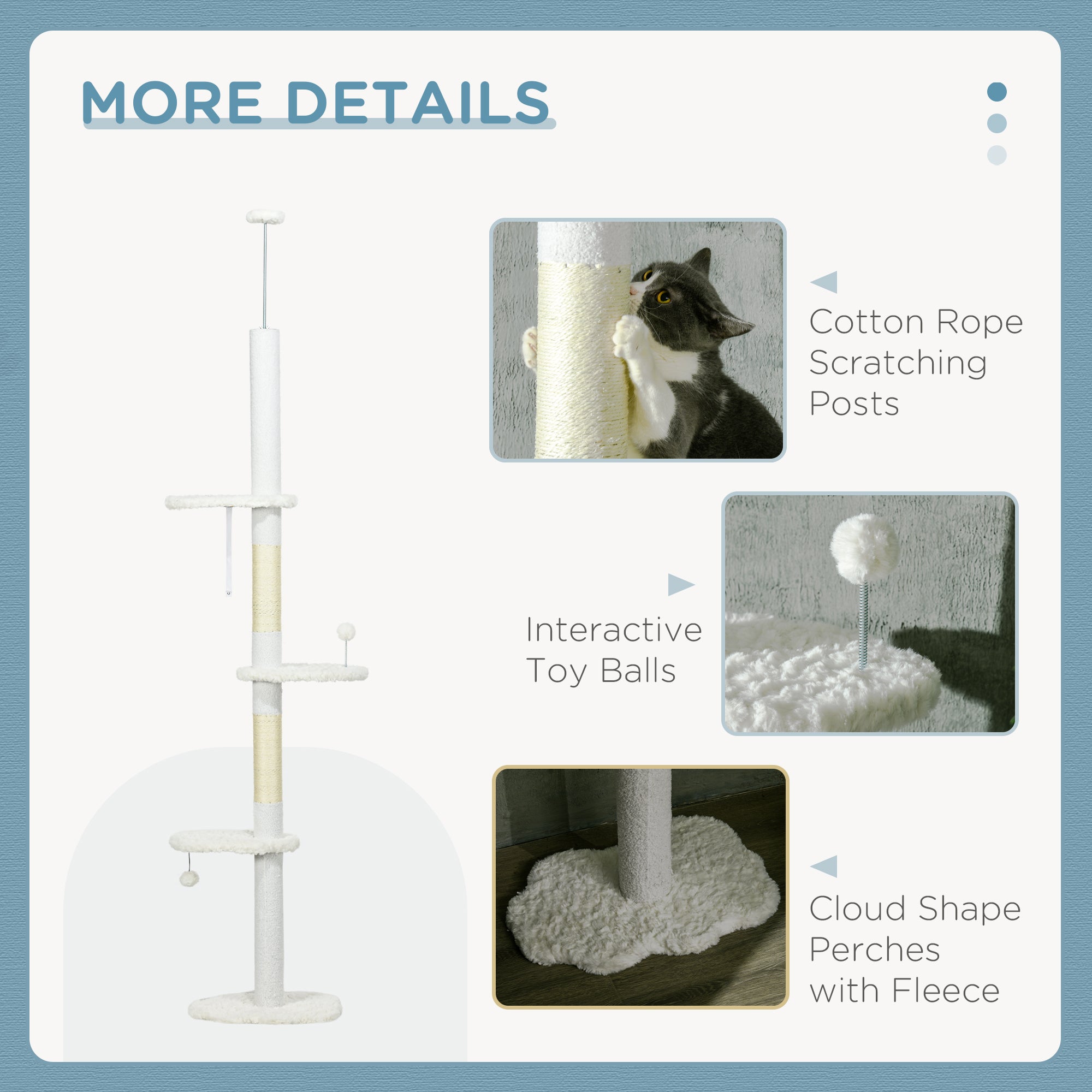PawHut Floor to Ceiling Cat Tree with Scratching Posts, 88.5"-100.5" Adjustable Height Cat Tower with Cloud Shaped Platforms, Dangling Balls, White