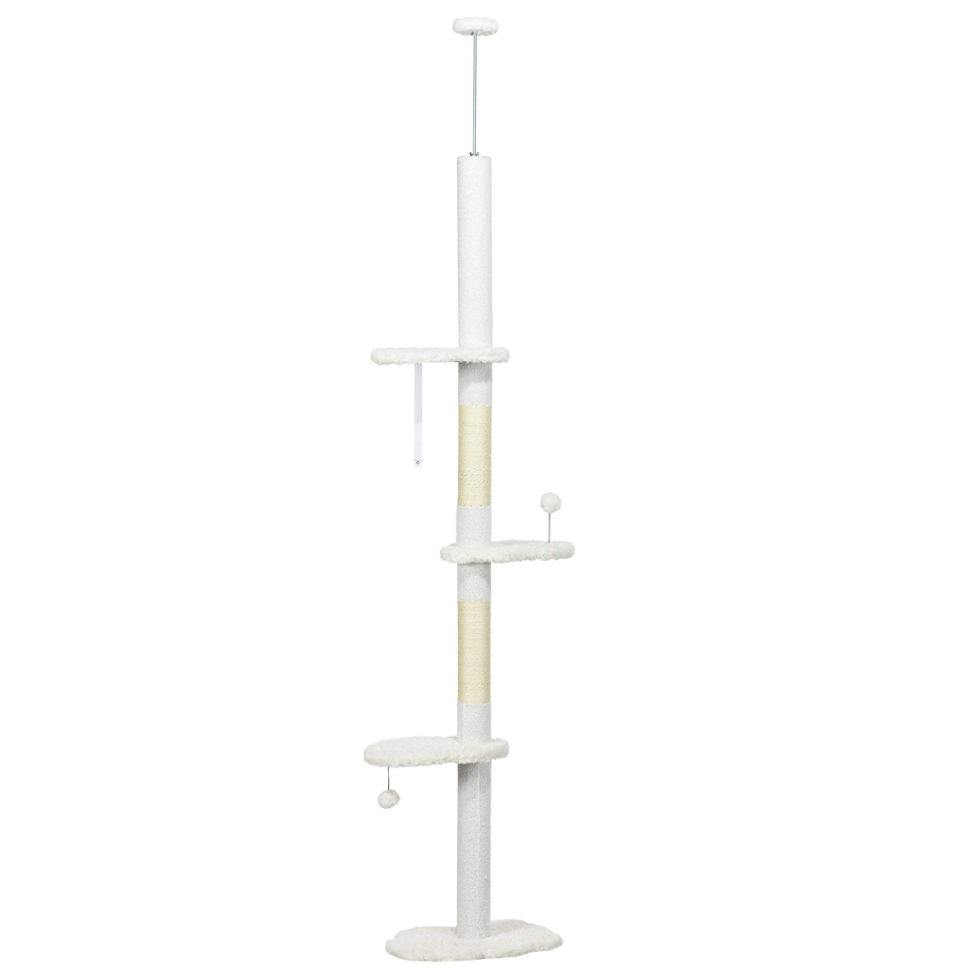 PawHut Floor to Ceiling Cat Tree with Scratching Posts, 88.5"-100.5" Adjustable Height Cat Tower with Cloud Shaped Platforms, Dangling Balls, White