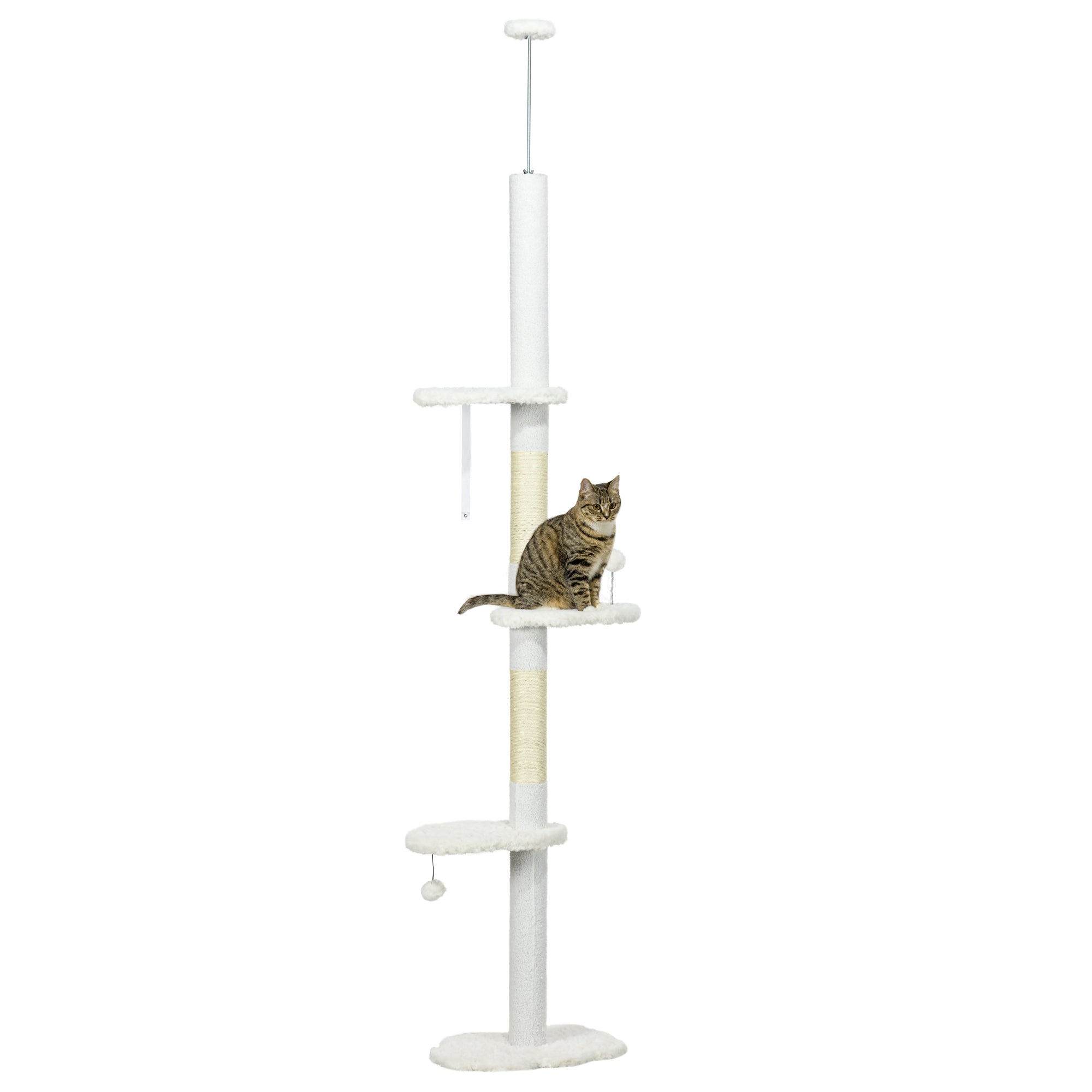 PawHut Floor to Ceiling Cat Tree with Scratching Posts, 88.5"-100.5" Adjustable Height Cat Tower with Cloud Shaped Platforms, Dangling Balls, White