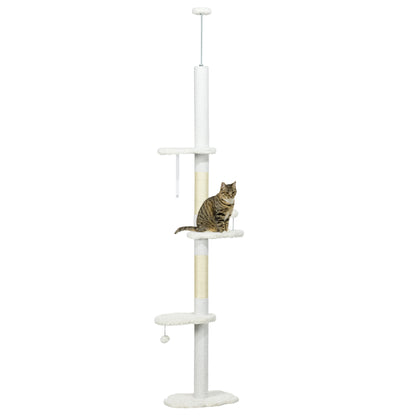 PawHut Floor to Ceiling Cat Tree with Scratching Posts, 88.5"-100.5" Adjustable Height Cat Tower with Cloud Shaped Platforms, Dangling Balls, White