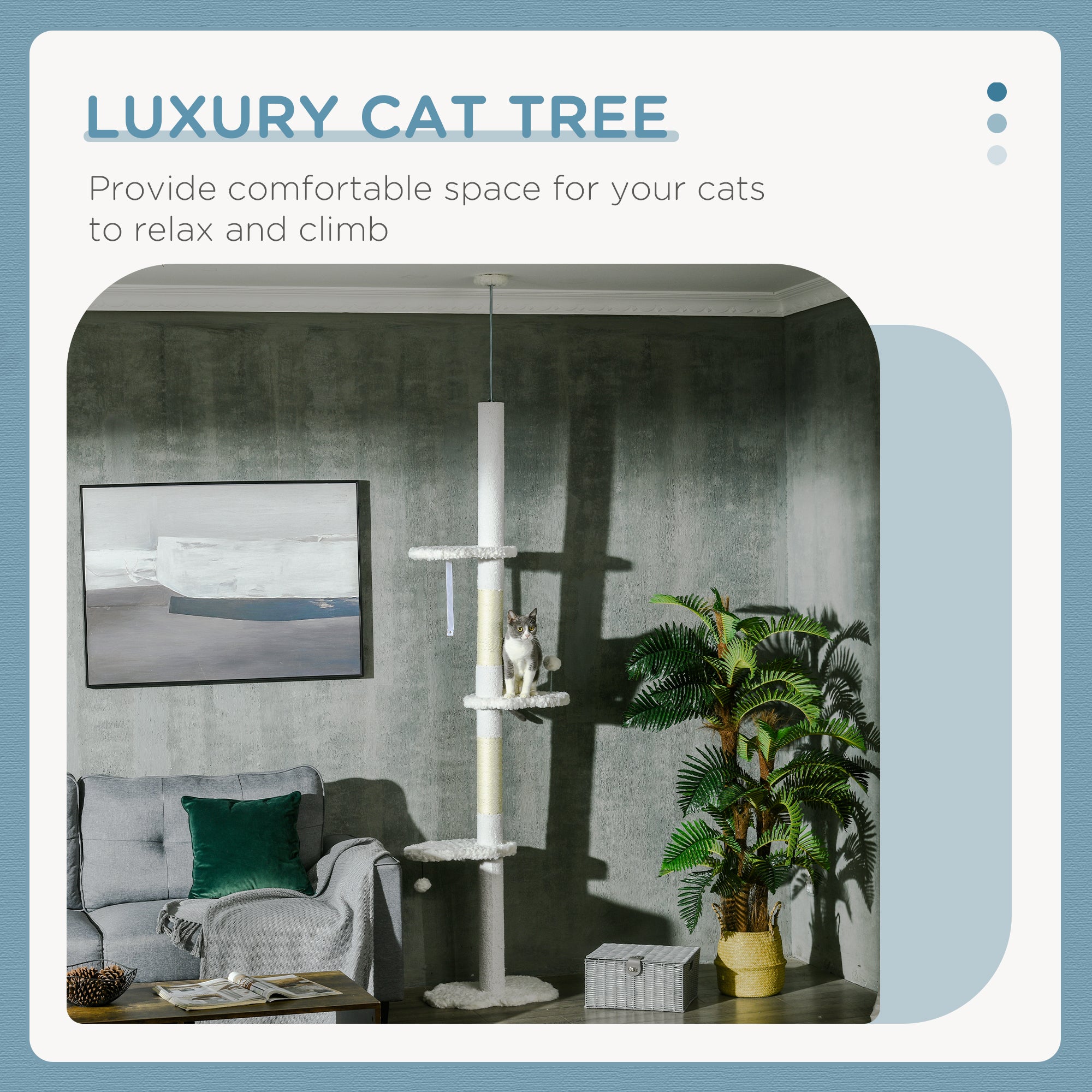 PawHut Floor to Ceiling Cat Tree with Scratching Posts, 88.5"-100.5" Adjustable Height Cat Tower with Cloud Shaped Platforms, Dangling Balls, White