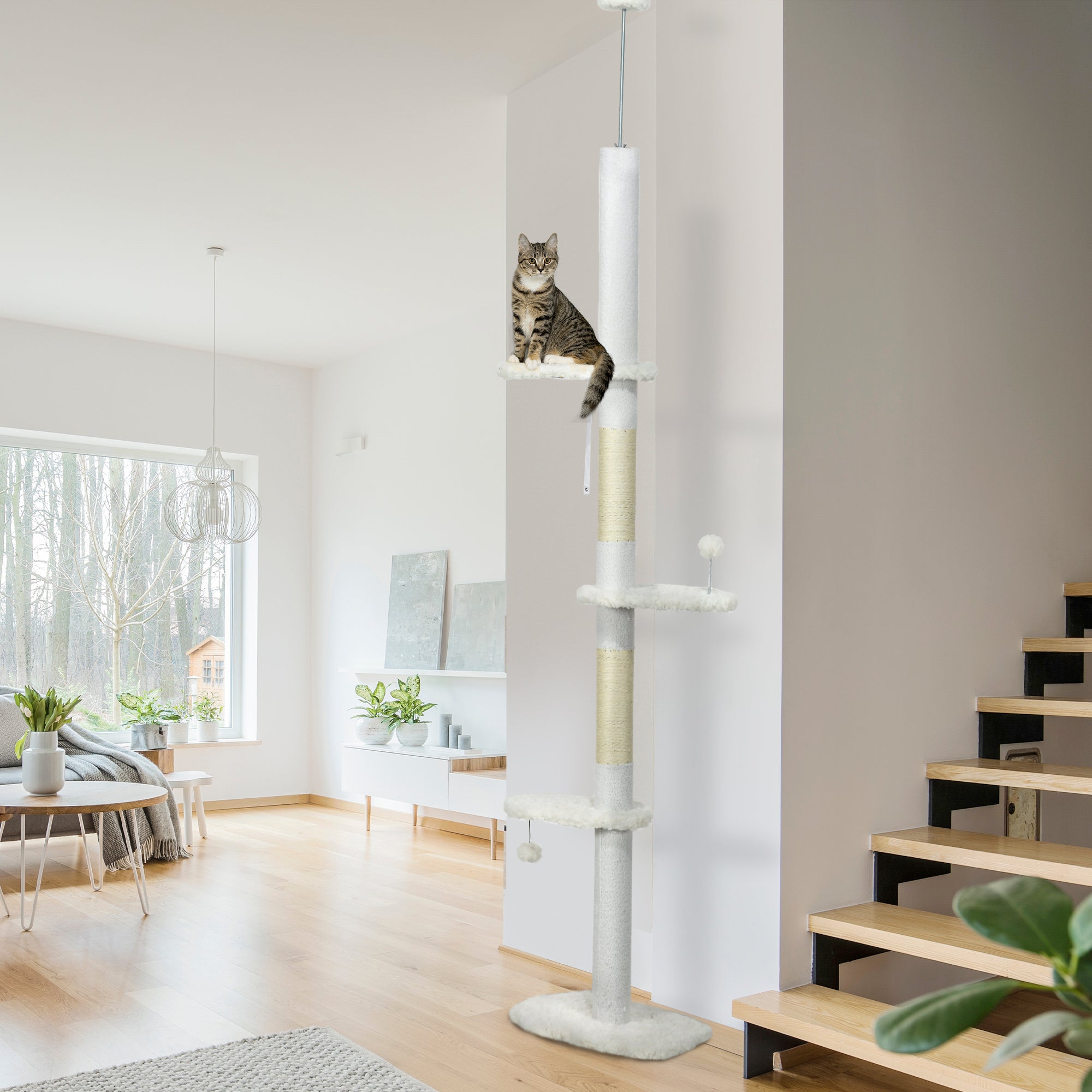 PawHut Floor to Ceiling Cat Tree with Scratching Posts, 88.5"-100.5" Adjustable Height Cat Tower with Cloud Shaped Platforms, Dangling Balls, White