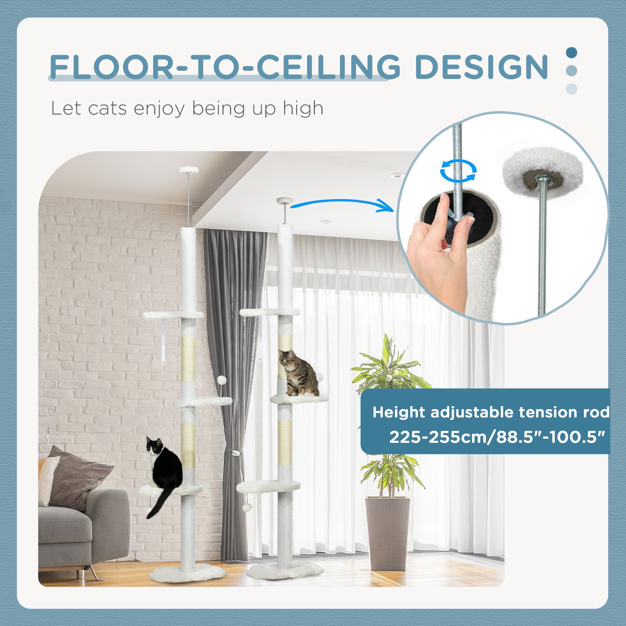 PawHut Floor to Ceiling Cat Tree with Scratching Posts, 88.5"-100.5" Adjustable Height Cat Tower with Cloud Shaped Platforms, Dangling Balls, White