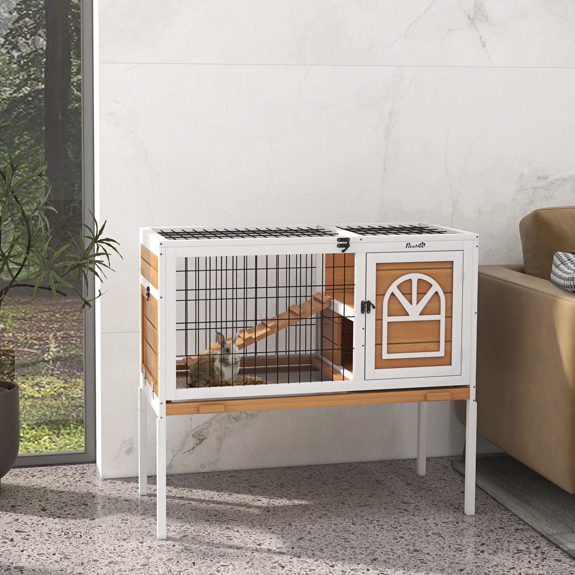 PawHut Wooden Rabbit Hutch, Elevated Guinea Pig Cage w/ Openable Roof, Ladder, Removable Tray, 90 x 53 x 87cm - Yellow