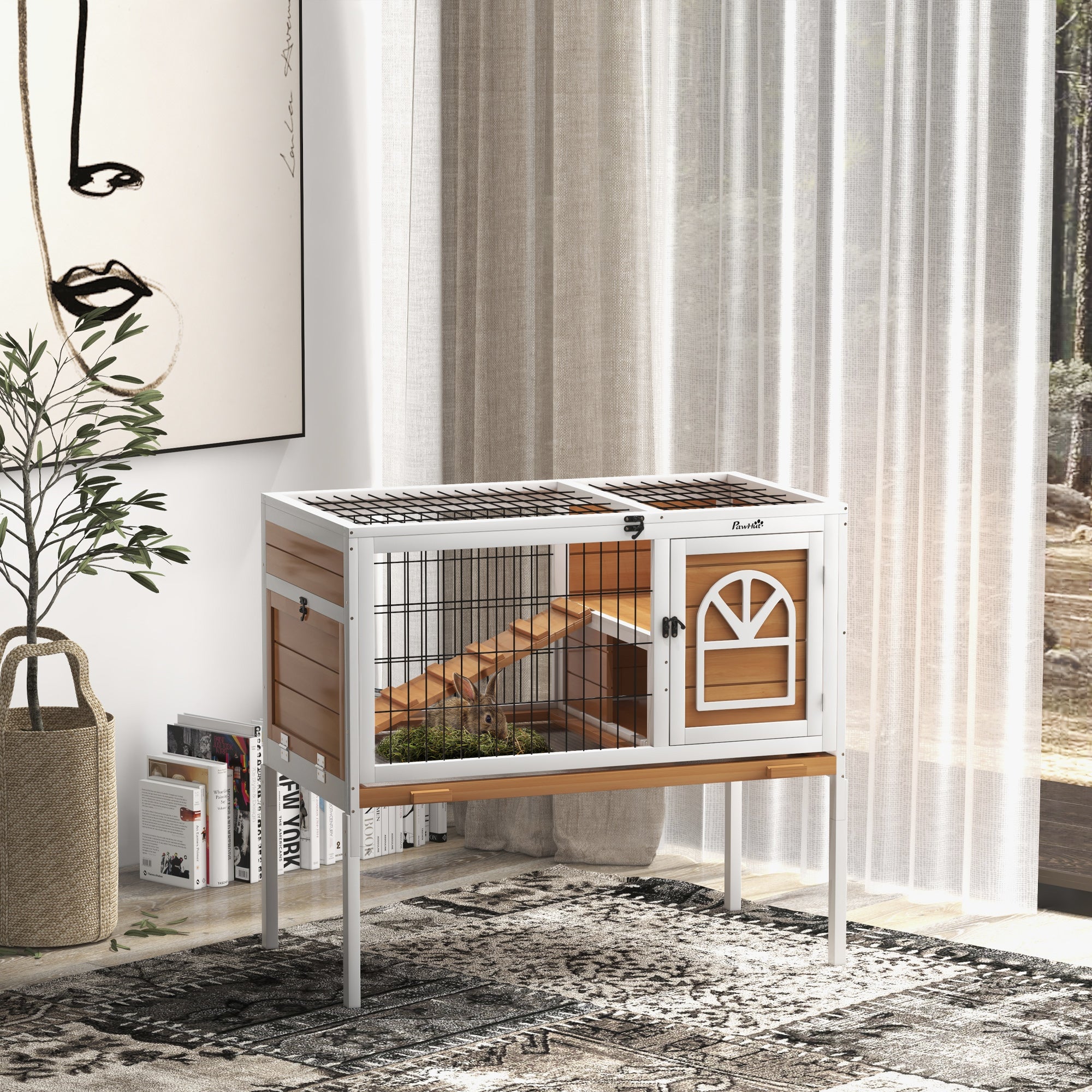 PawHut Wooden Rabbit Hutch, Elevated Guinea Pig Cage w/ Openable Roof, Ladder, Removable Tray, 90 x 53 x 87cm - Yellow