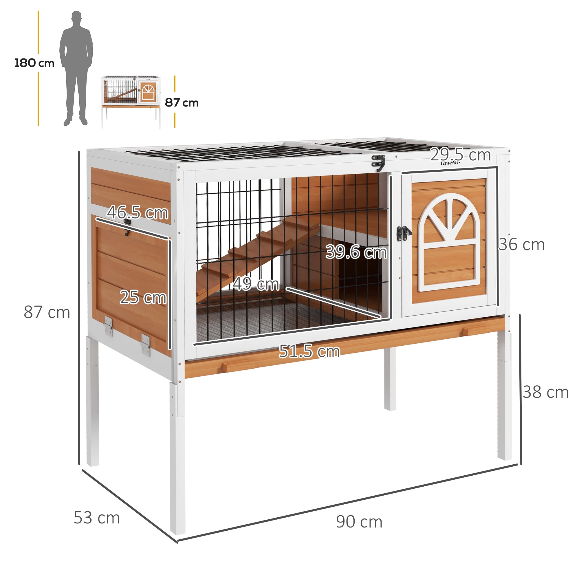 PawHut Wooden Rabbit Hutch, Elevated Guinea Pig Cage w/ Openable Roof, Ladder, Removable Tray, 90 x 53 x 87cm - Yellow