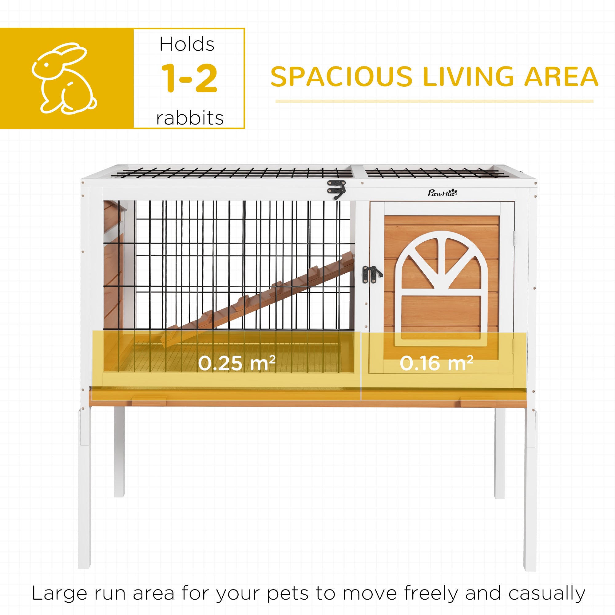 PawHut Wooden Rabbit Hutch, Elevated Guinea Pig Cage w/ Openable Roof, Ladder, Removable Tray, 90 x 53 x 87cm - Yellow