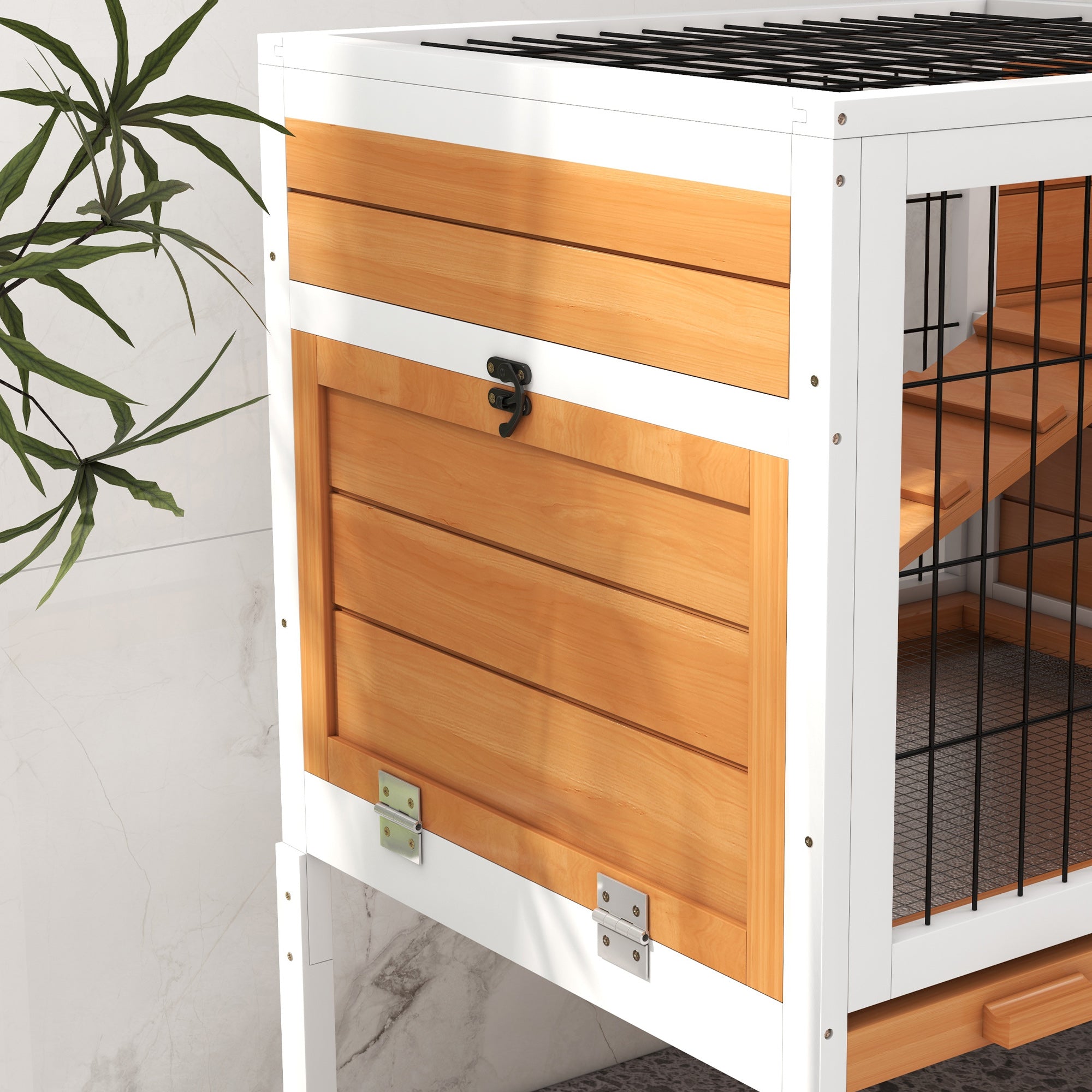 PawHut Wooden Rabbit Hutch, Elevated Guinea Pig Cage w/ Openable Roof, Ladder, Removable Tray, 90 x 53 x 87cm - Yellow