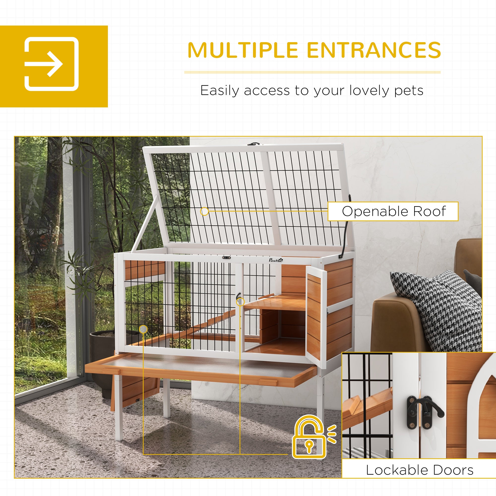 PawHut Wooden Rabbit Hutch, Elevated Guinea Pig Cage w/ Openable Roof, Ladder, Removable Tray, 90 x 53 x 87cm - Yellow