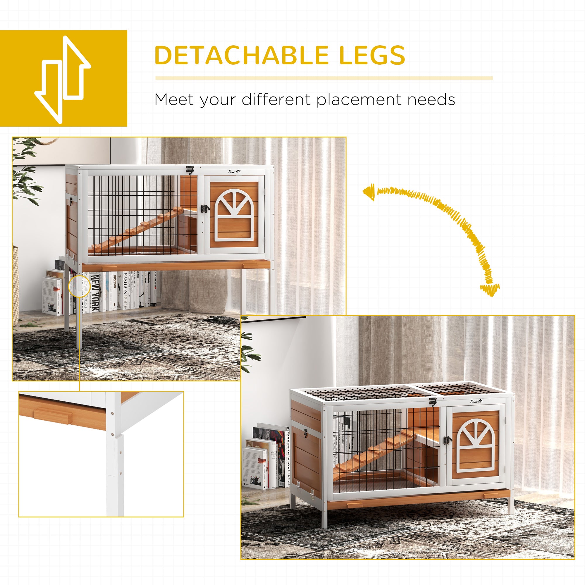 PawHut Wooden Rabbit Hutch, Elevated Guinea Pig Cage w/ Openable Roof, Ladder, Removable Tray, 90 x 53 x 87cm - Yellow