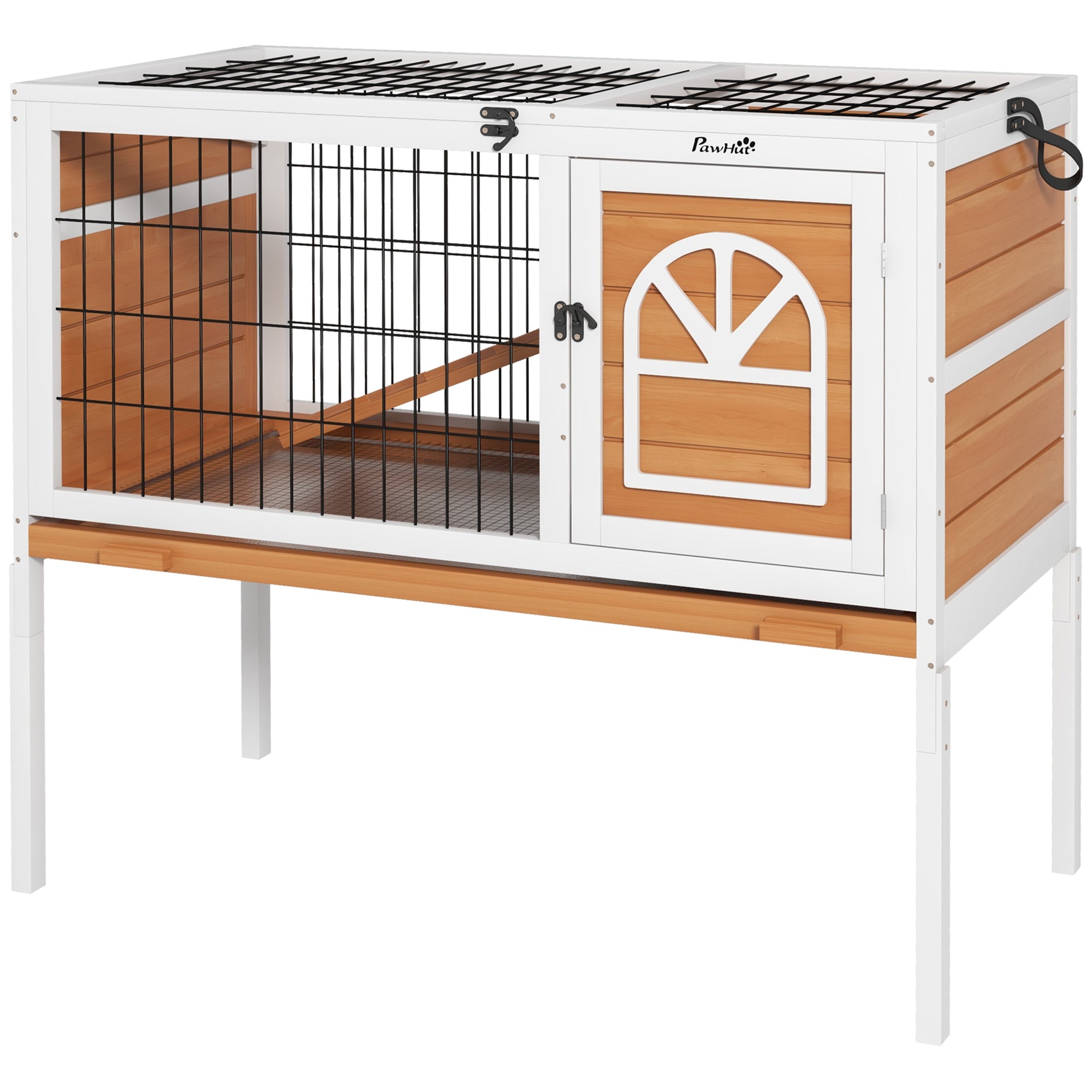 PawHut Wooden Rabbit Hutch, Elevated Guinea Pig Cage w/ Openable Roof, Ladder, Removable Tray, 90 x 53 x 87cm - Yellow