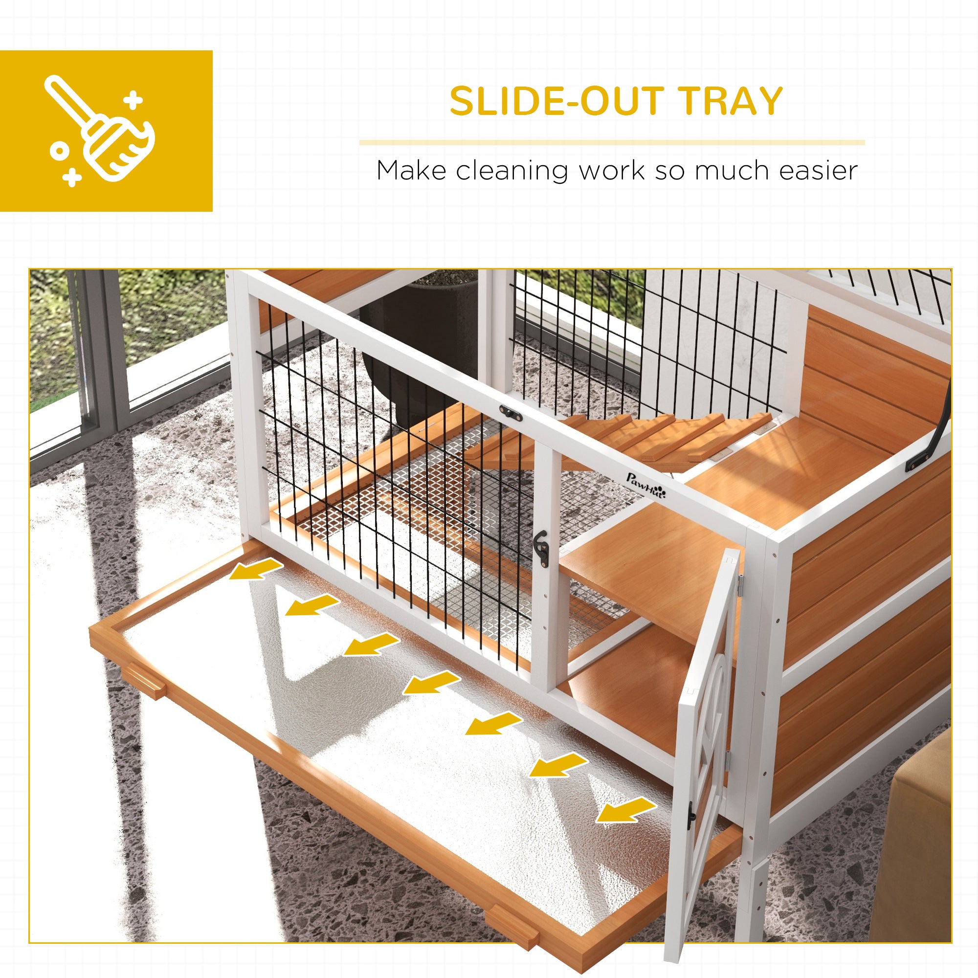 PawHut Wooden Rabbit Hutch, Elevated Guinea Pig Cage w/ Openable Roof, Ladder, Removable Tray, 90 x 53 x 87cm - Yellow