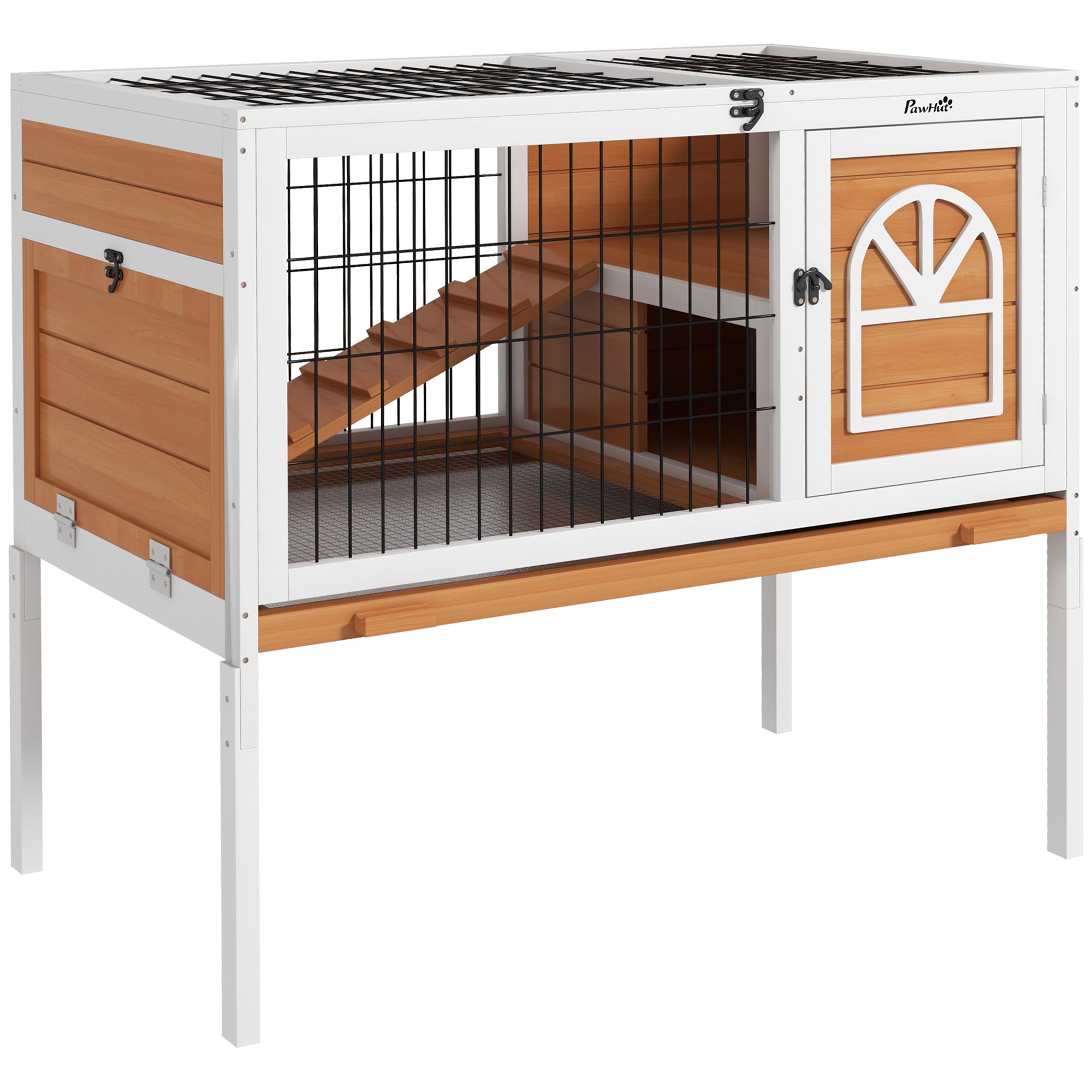 PawHut Wooden Rabbit Hutch, Elevated Guinea Pig Cage w/ Openable Roof, Ladder, Removable Tray, 90 x 53 x 87cm - Yellow