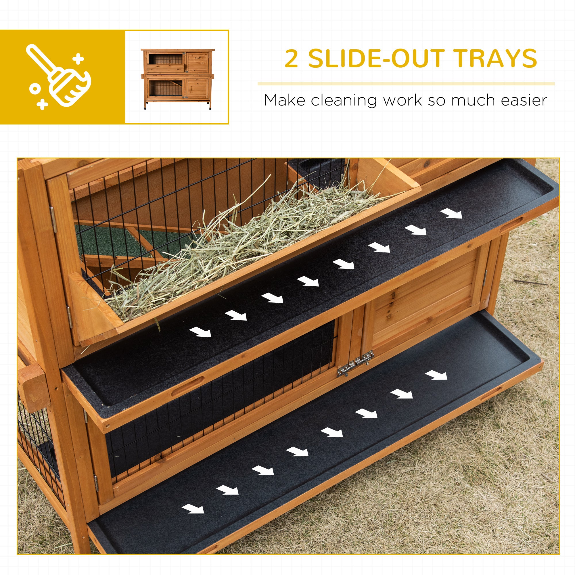 PawHut 2 Tier Double Decker Rabbit Hutch Wooden Guinea Pig House Pet Cage Outdoor with Sliding-out Tray, Asphalt Roof, Ramp, Feeding Shelf, Handle, 120x50x104cm, Orange
