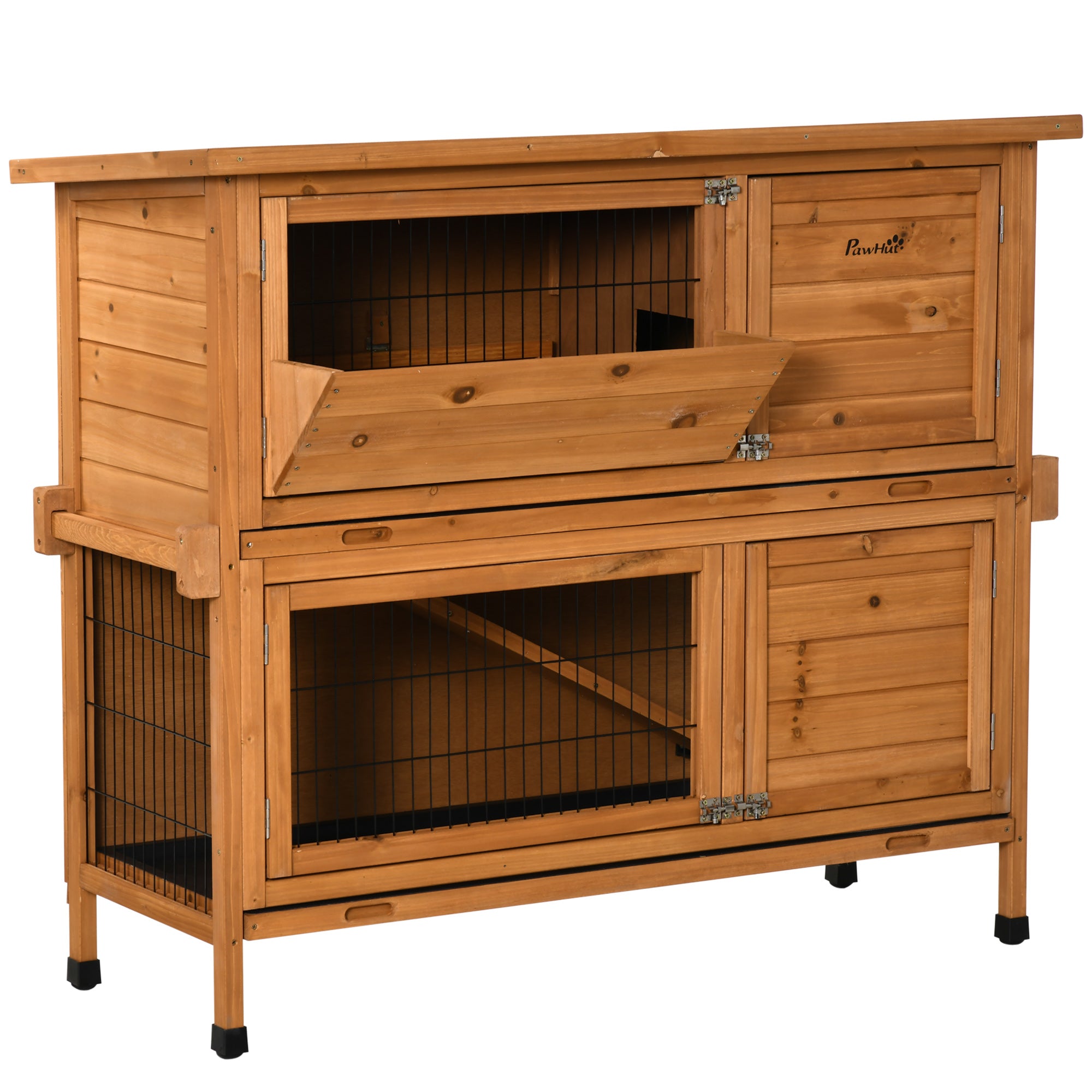 PawHut 47" 2-Story Rabbit Hutch, Wooden Bunny Cage, Guinea Pig House, with 2 Handles for Easy Movement, No Leak Tray, Openable Roof, Ramp, Feeding Shelf for Indoor/Outdoor, Orange