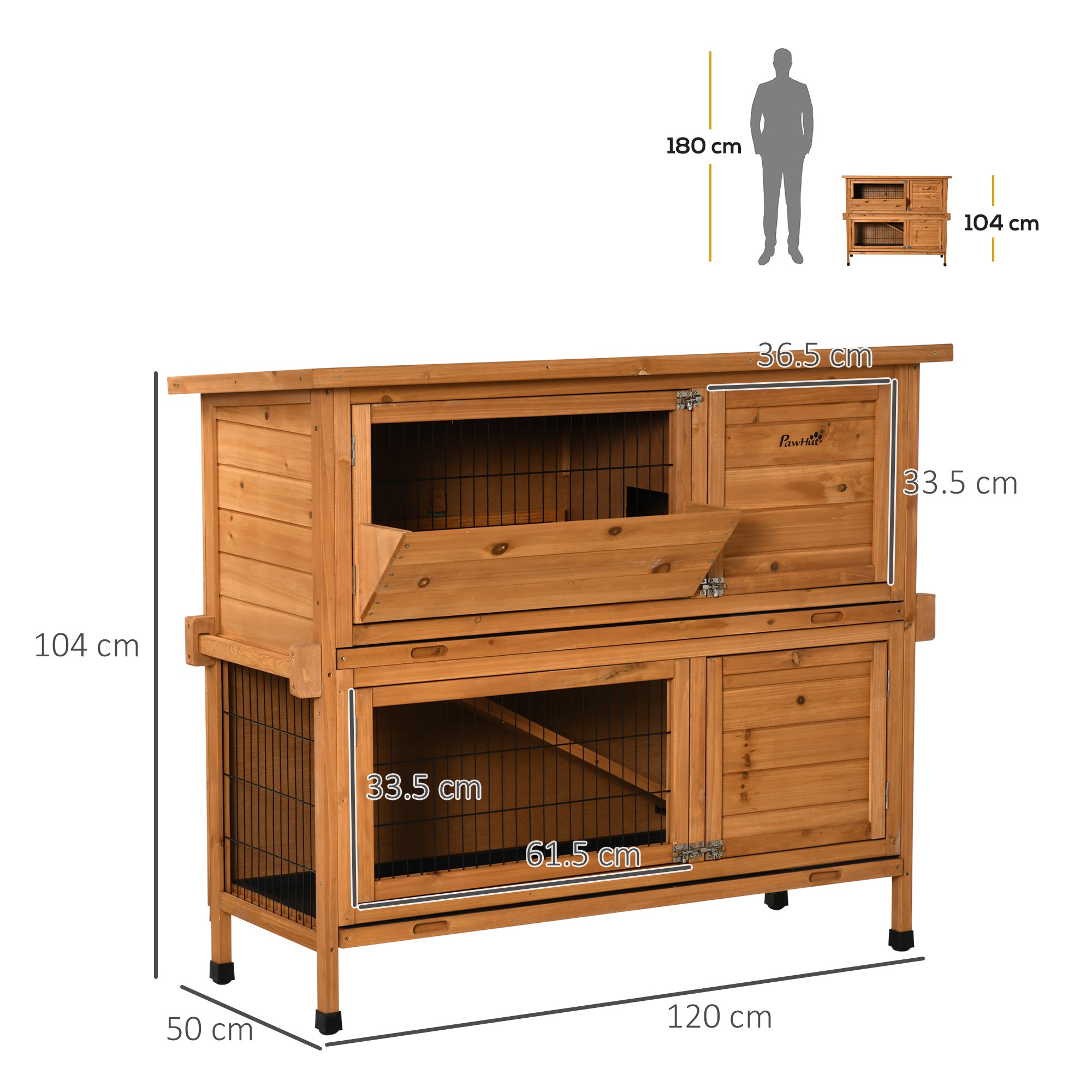 PawHut 2 Tier Double Decker Rabbit Hutch Wooden Guinea Pig House Pet Cage Outdoor with Sliding-out Tray, Asphalt Roof, Ramp, Feeding Shelf, Handle, 120x50x104cm, Orange