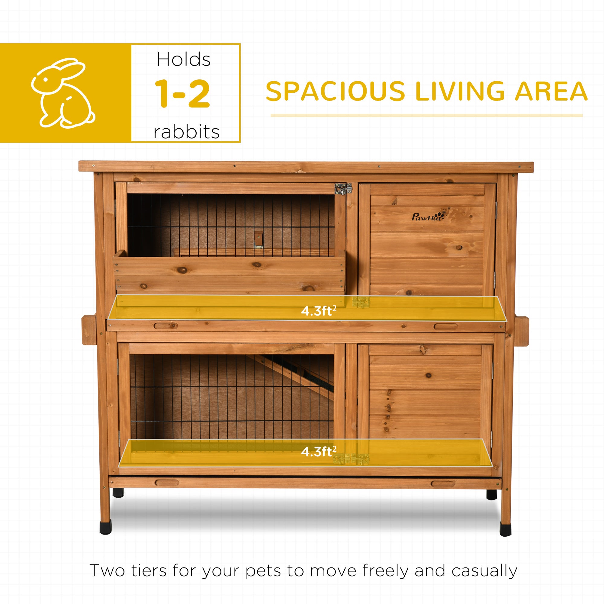 PawHut 47" 2-Story Rabbit Hutch, Wooden Bunny Cage, Guinea Pig House, with 2 Handles for Easy Movement, No Leak Tray, Openable Roof, Ramp, Feeding Shelf for Indoor/Outdoor, Orange